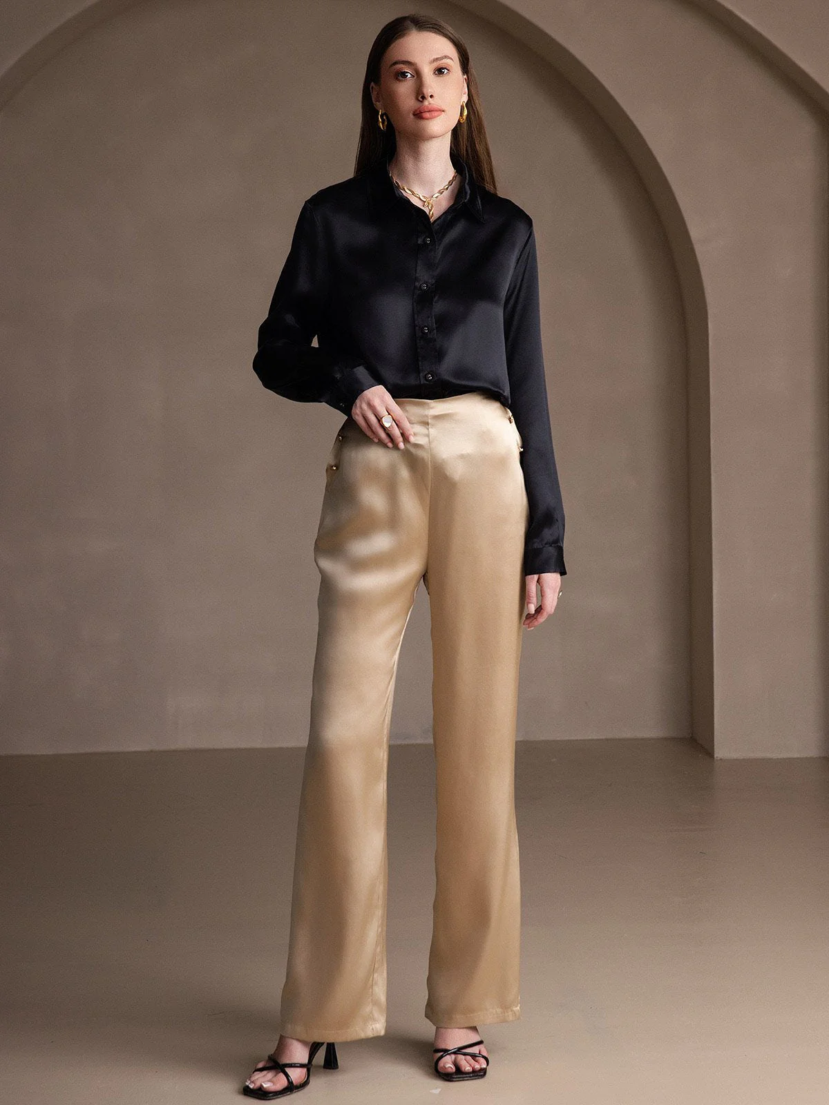 19Momme Silk Long Sleeve Lapel Collar Women's Shirt - Image 51