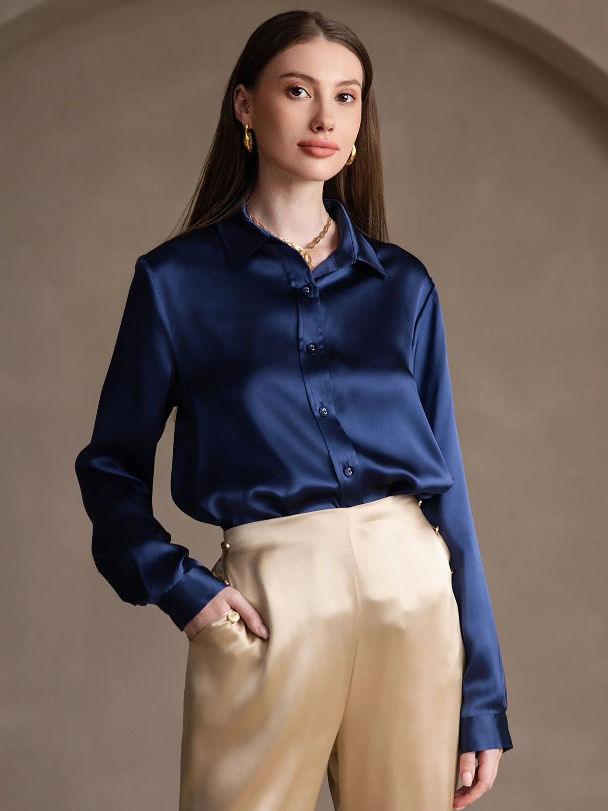 19Momme Silk Long Sleeve Lapel Collar Women's Shirt - Image 57