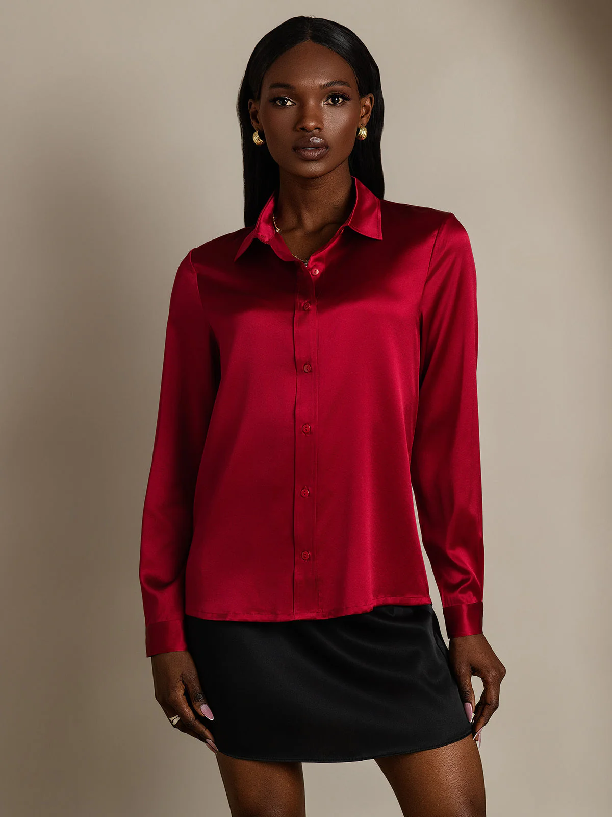 19Momme Silk Long Sleeve Lapel Collar Women's Shirt - Image 62