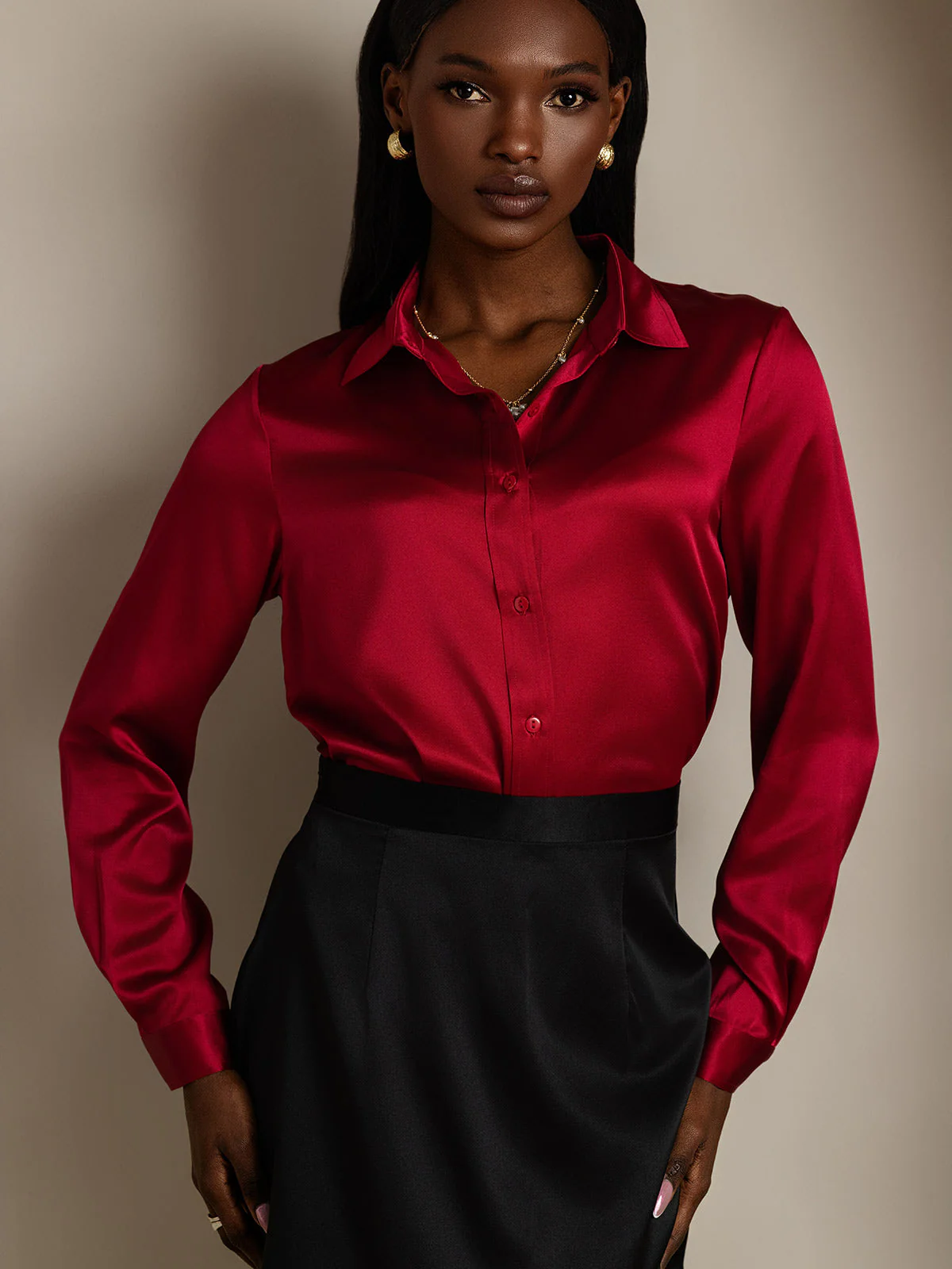 19Momme Silk Long Sleeve Lapel Collar Women's Shirt - Image 64