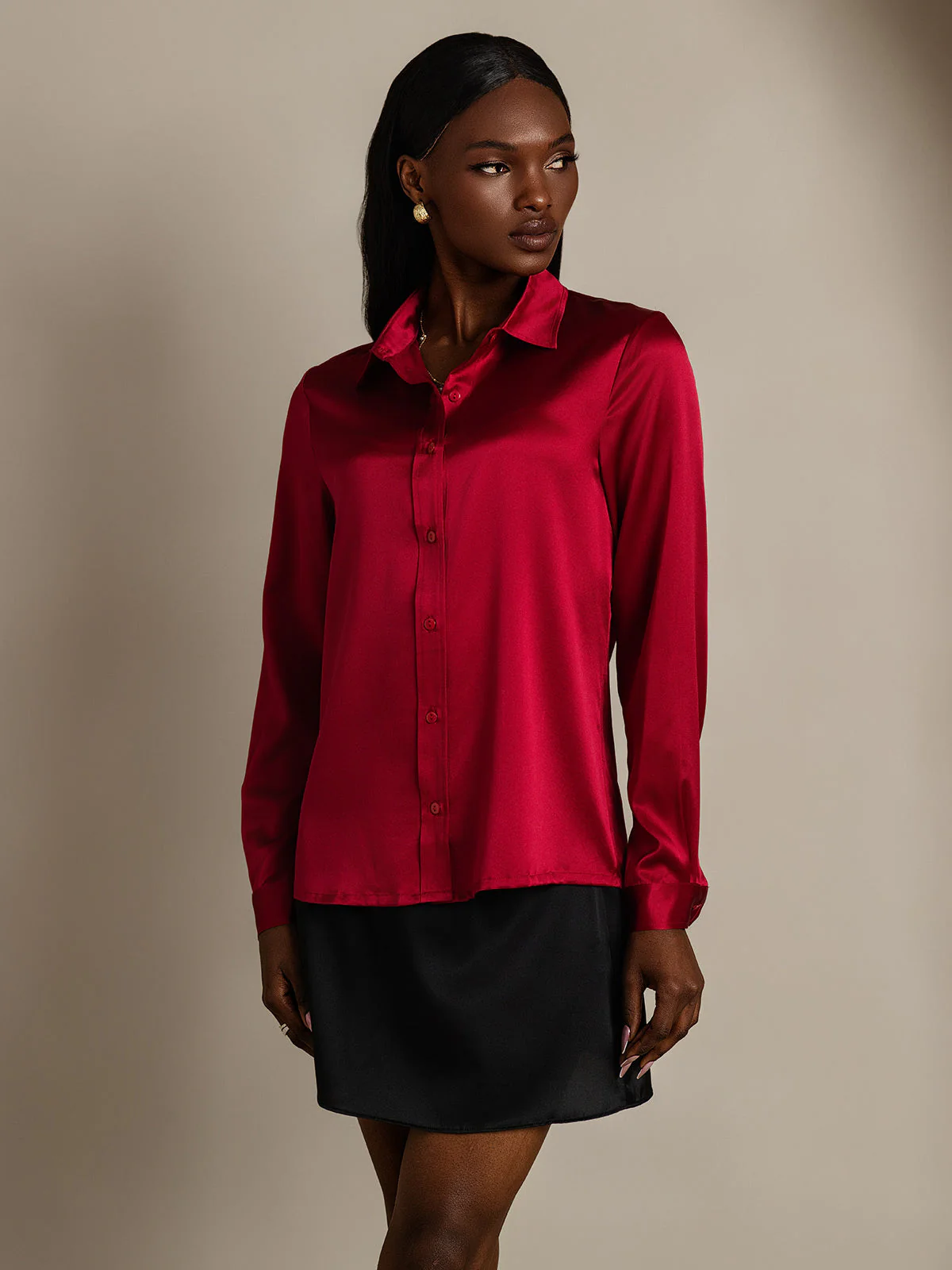 19Momme Silk Long Sleeve Lapel Collar Women's Shirt - Image 66