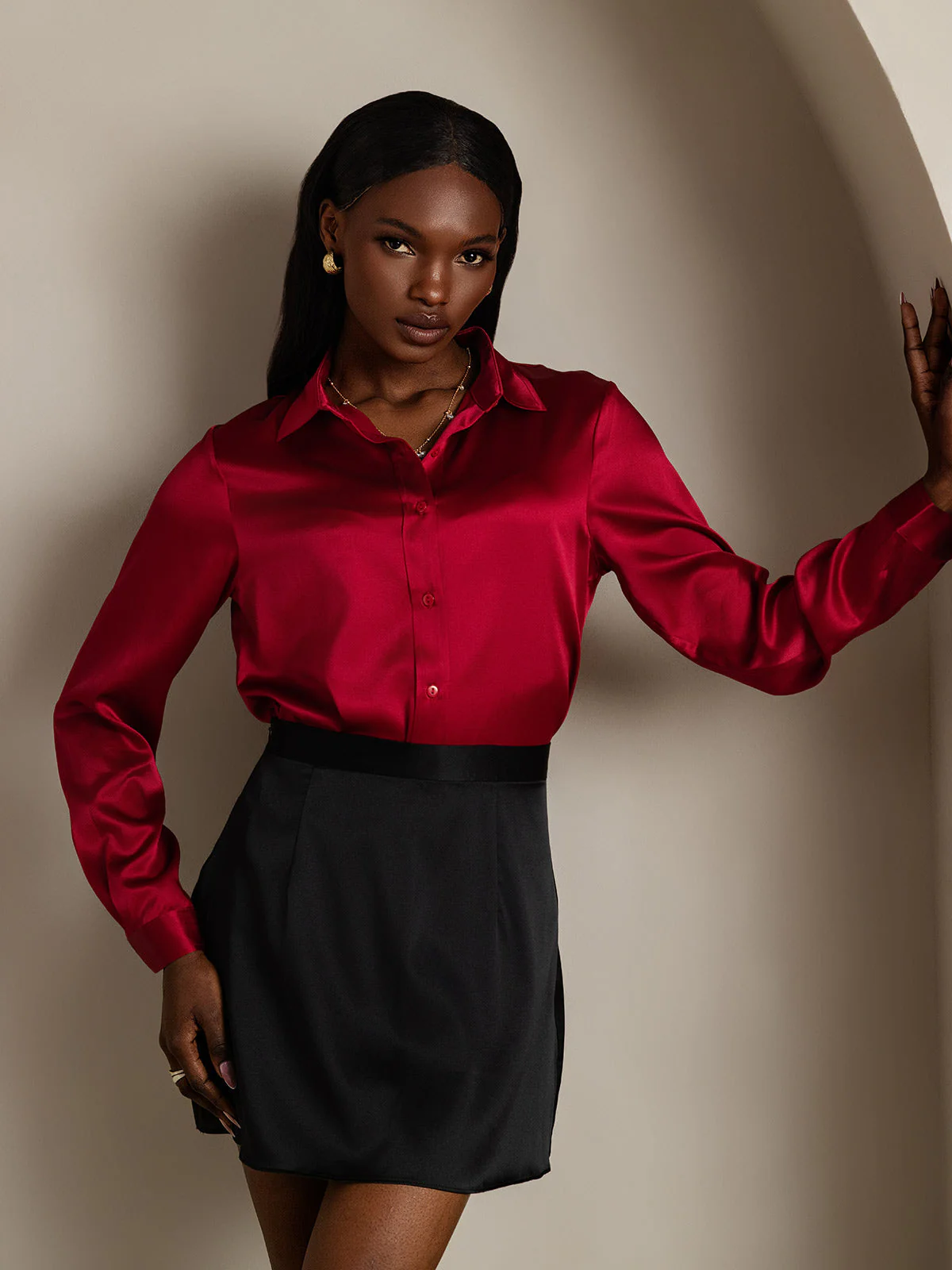 19Momme Silk Long Sleeve Lapel Collar Women's Shirt - Image 68