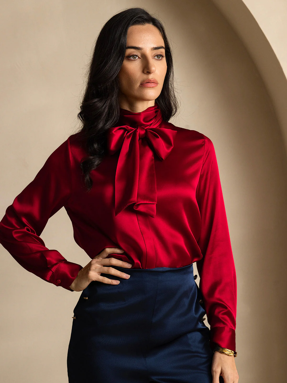 19Momme Silk Long Sleeve High Neck Bow Tie Blouse - Image 15