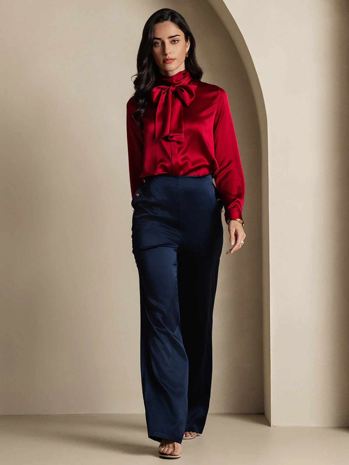 19Momme Silk Long Sleeve High Neck Bow Tie Blouse - Image 18