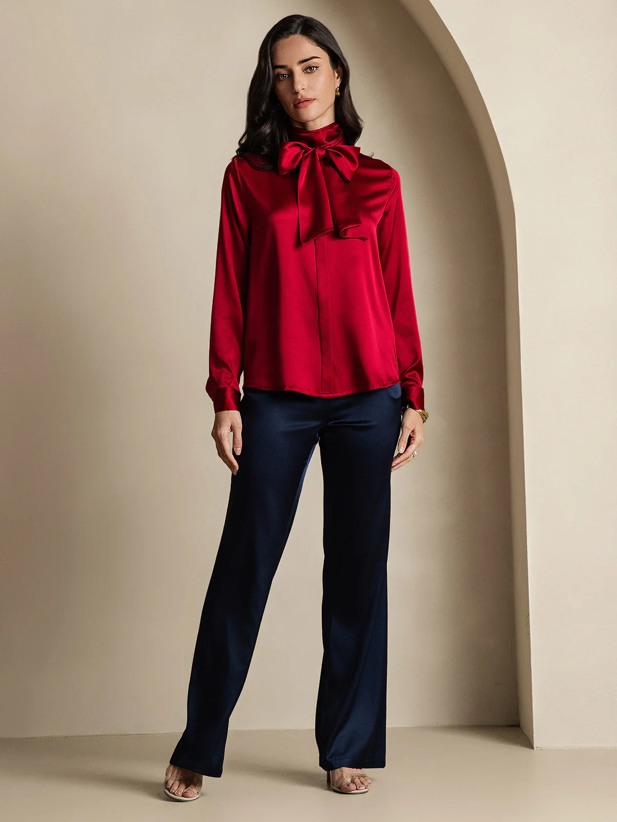 19Momme Silk Long Sleeve High Neck Bow Tie Blouse - Image 19