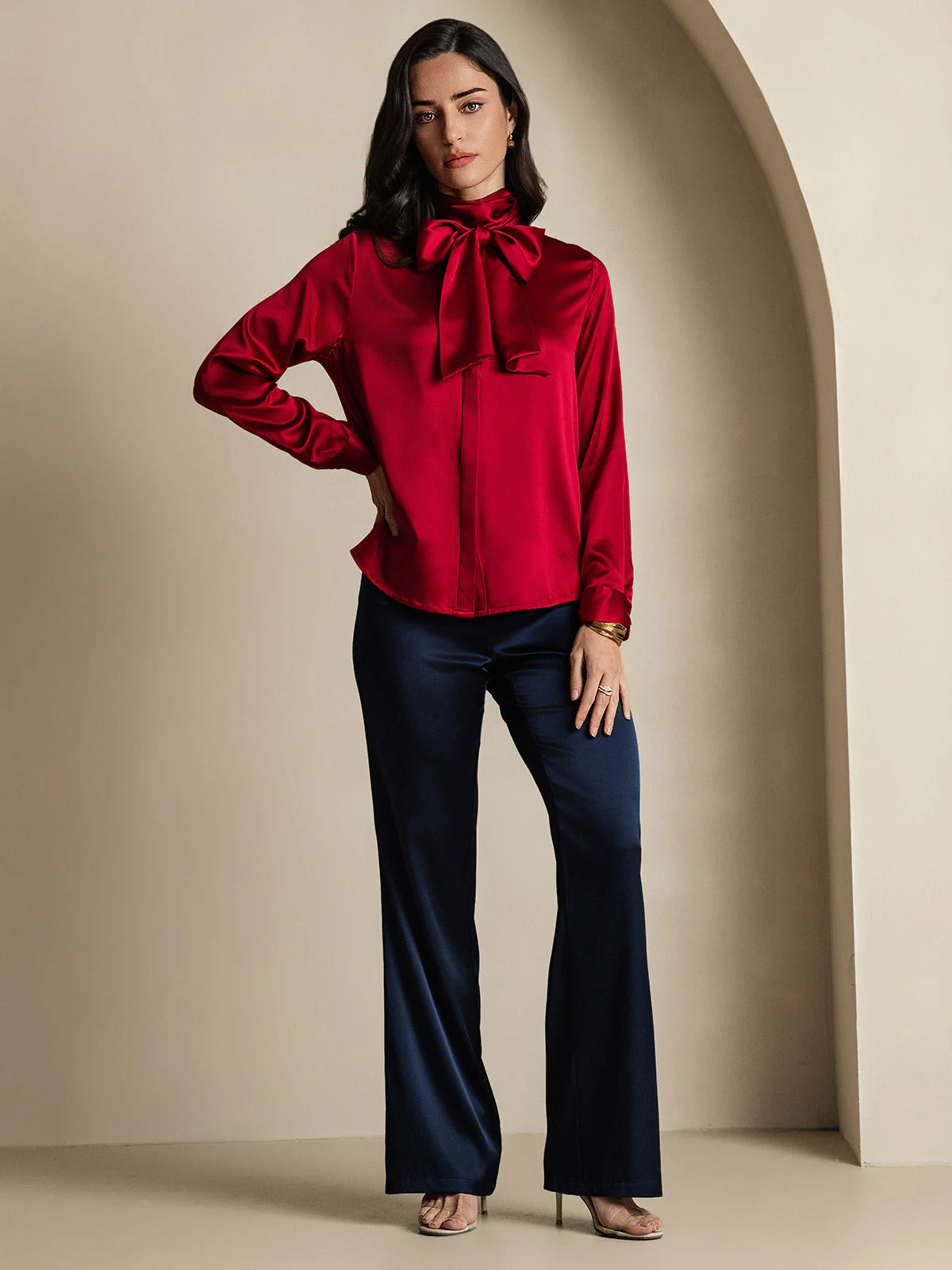 19Momme Silk Long Sleeve High Neck Bow Tie Blouse - Image 20
