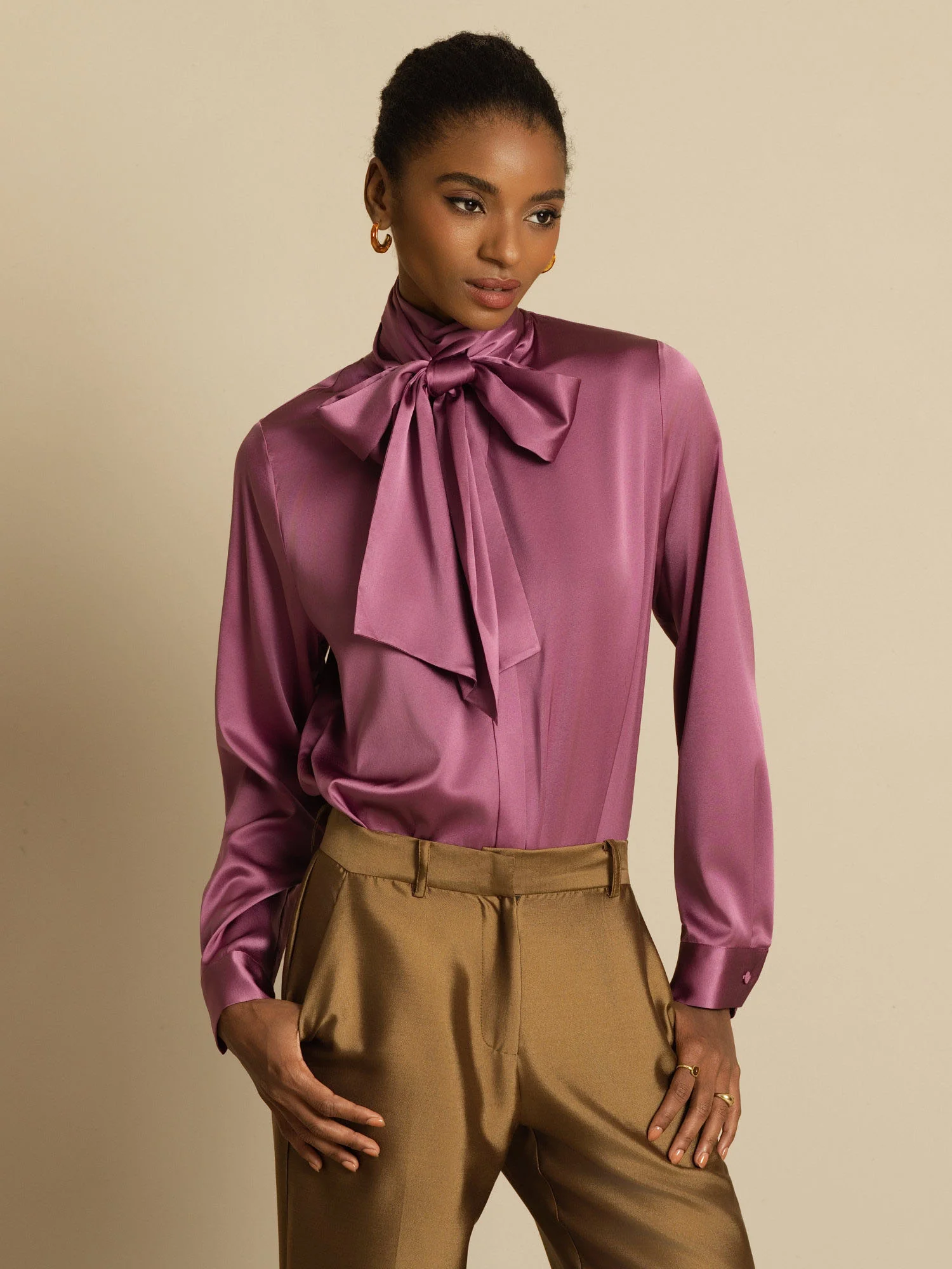19Momme Silk Long Sleeve High Neck Bow Tie Blouse - Image 23