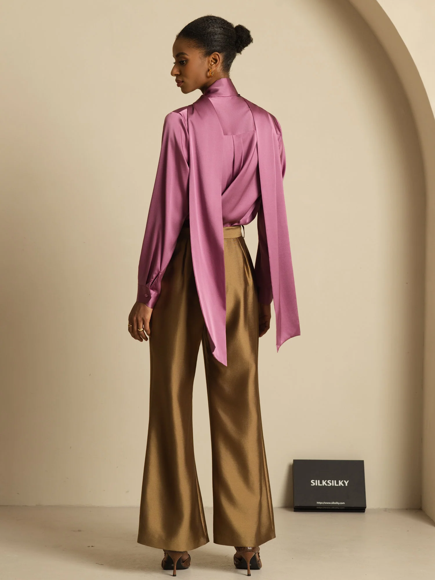 19Momme Silk Long Sleeve High Neck Bow Tie Blouse - Image 24