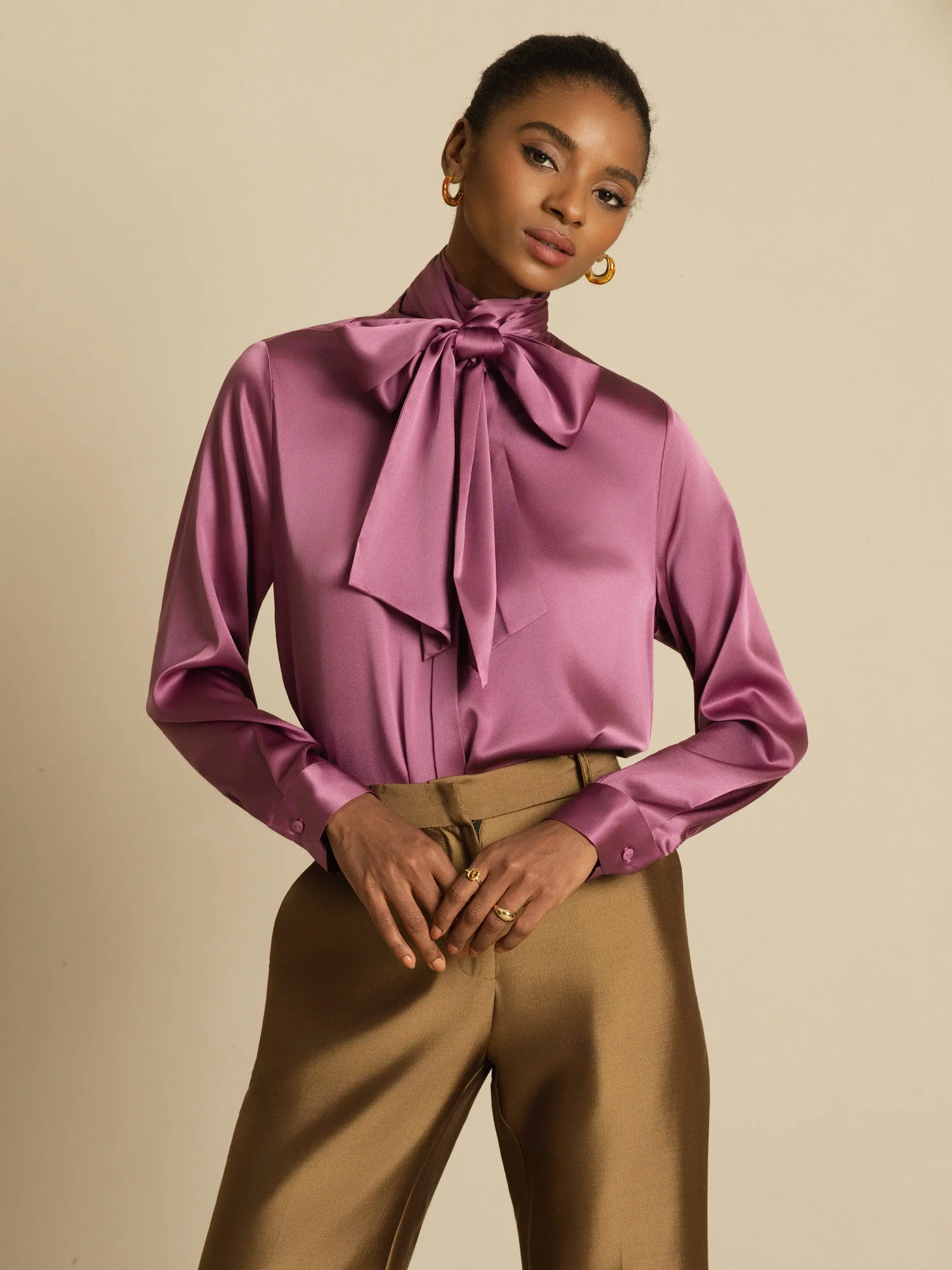 19Momme Silk Long Sleeve High Neck Bow Tie Blouse - Image 25