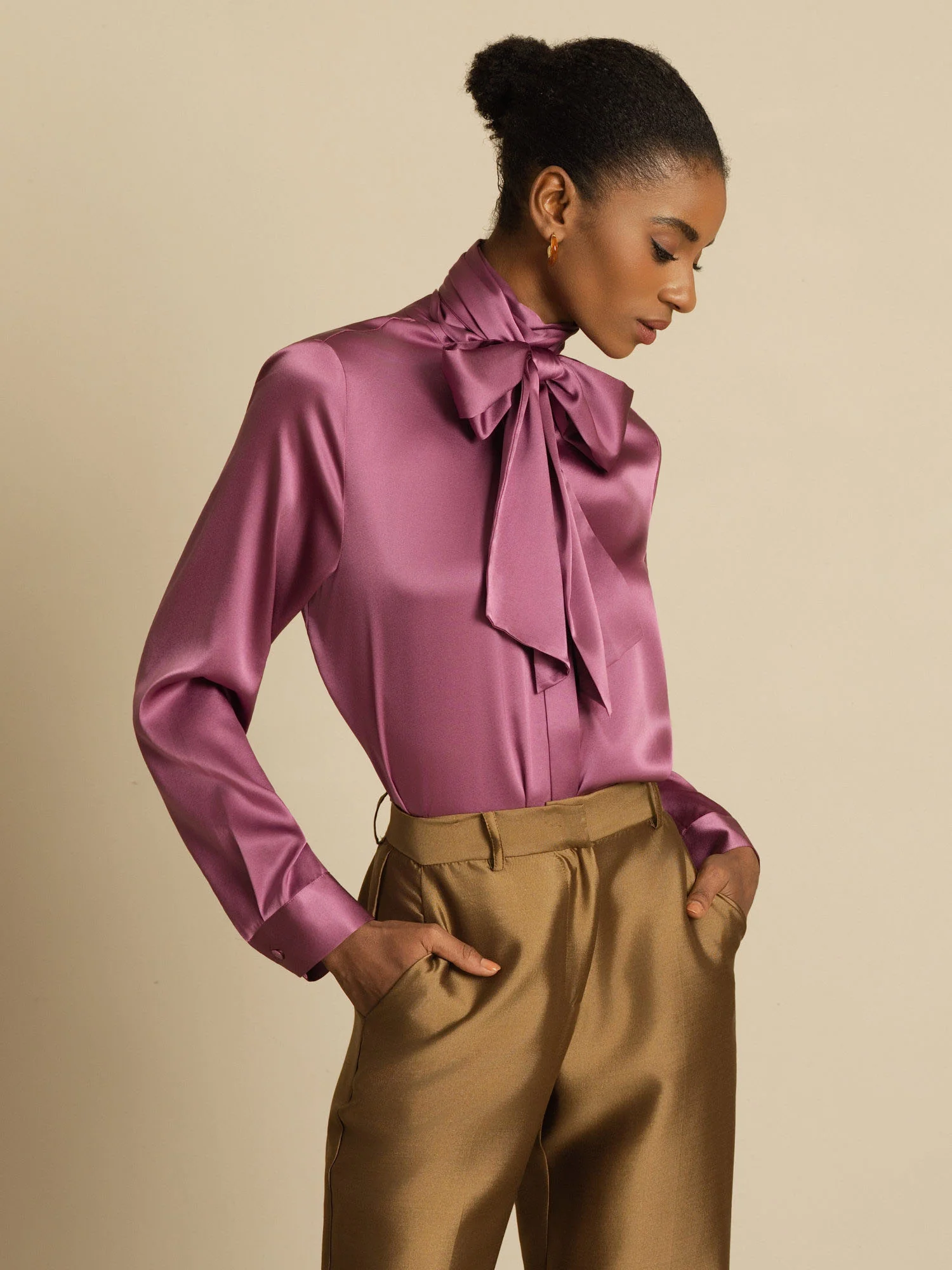19Momme Silk Long Sleeve High Neck Bow Tie Blouse - Image 26