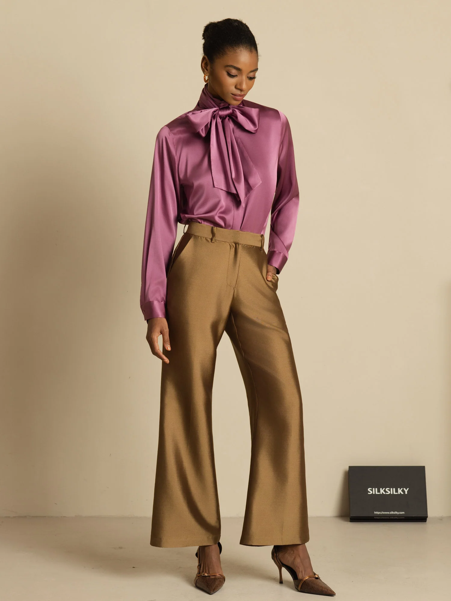 19Momme Silk Long Sleeve High Neck Bow Tie Blouse - Image 28