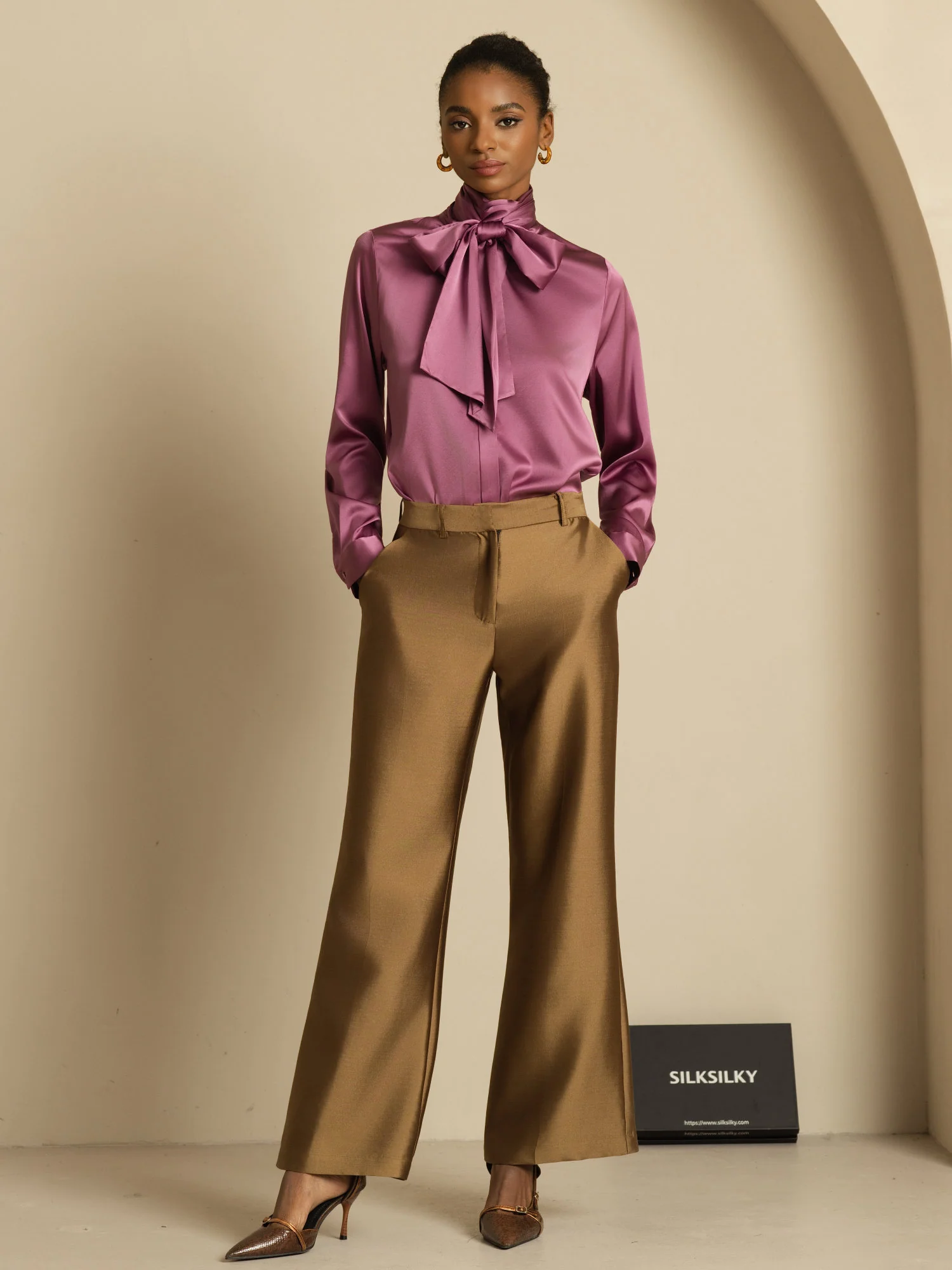 19Momme Silk Long Sleeve High Neck Bow Tie Blouse - Image 29