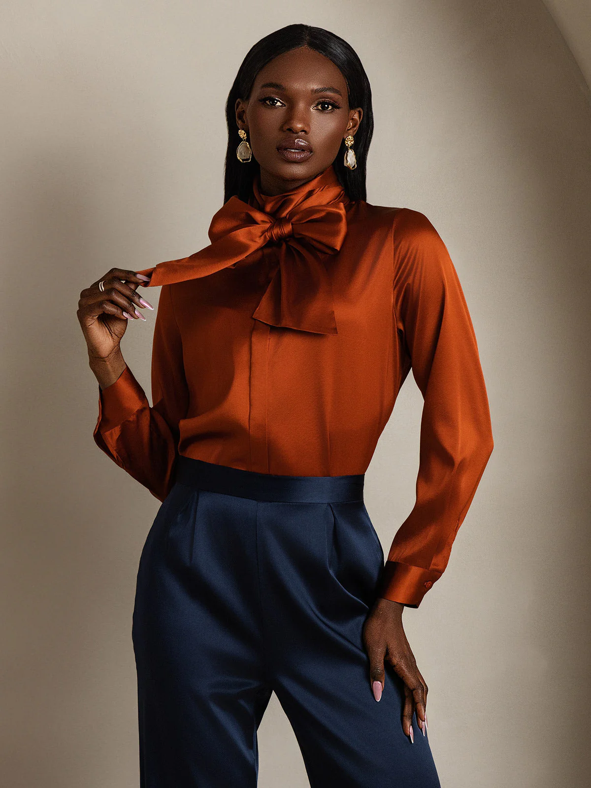 19Momme Silk Long Sleeve High Neck Bow Tie Blouse - Image 30