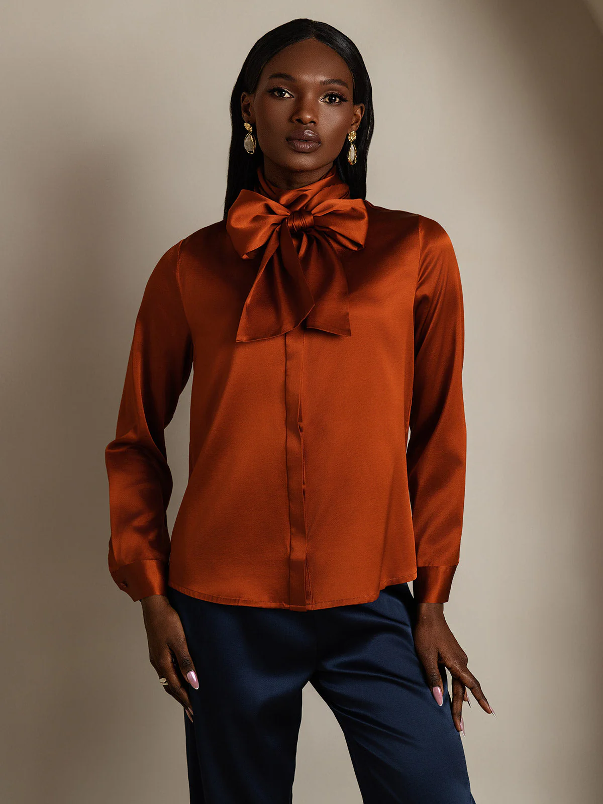 19Momme Silk Long Sleeve High Neck Bow Tie Blouse - Image 32