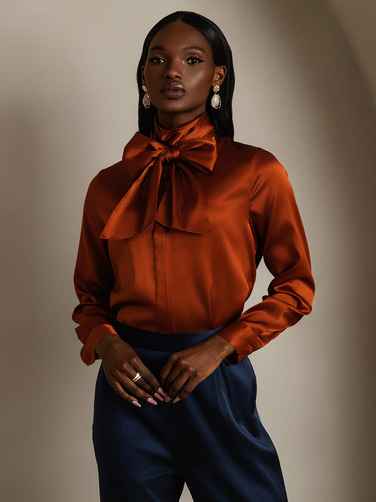 19Momme Silk Long Sleeve High Neck Bow Tie Blouse - Image 33