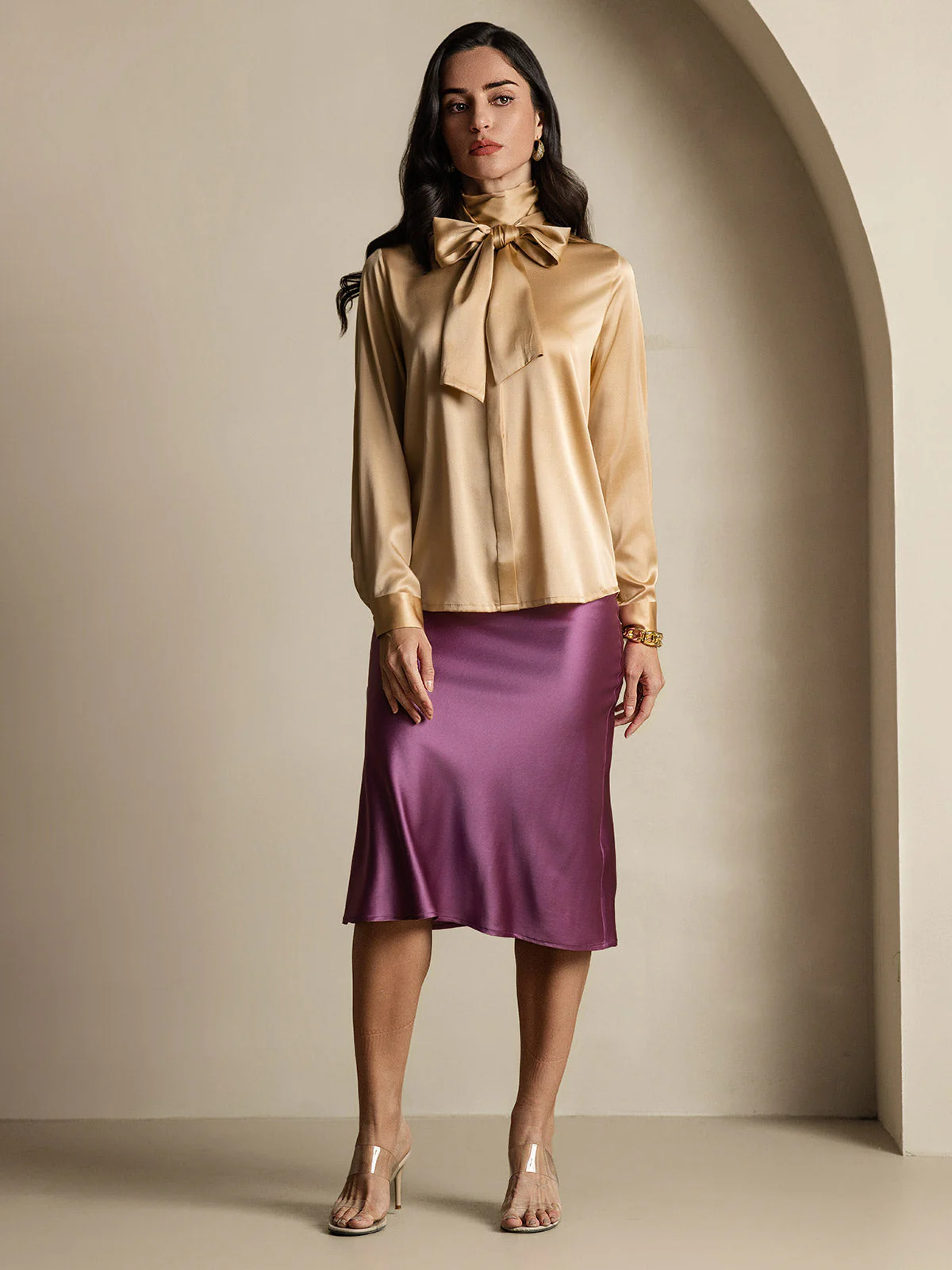 19Momme Silk Long Sleeve High Neck Bow Tie Blouse - Image 49