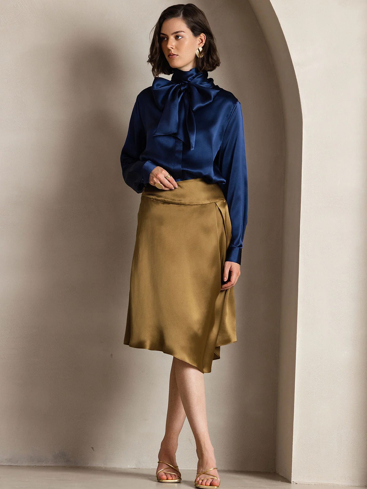 19Momme Silk Long Sleeve High Neck Bow Tie Blouse - Image 5