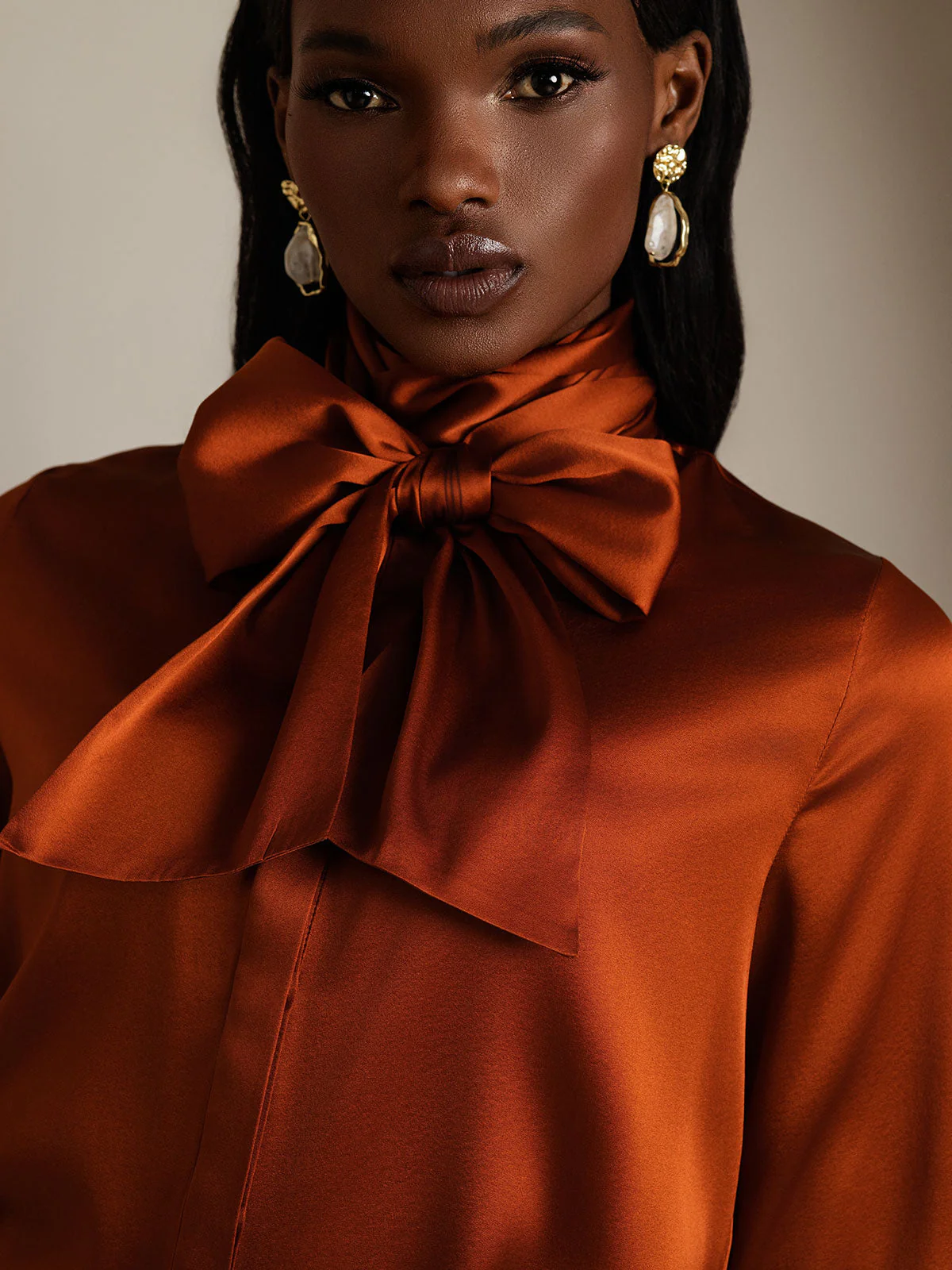 Clearance - 19Momme Silk Long Sleeve High Neck Bow Tie Blouse - Image 10