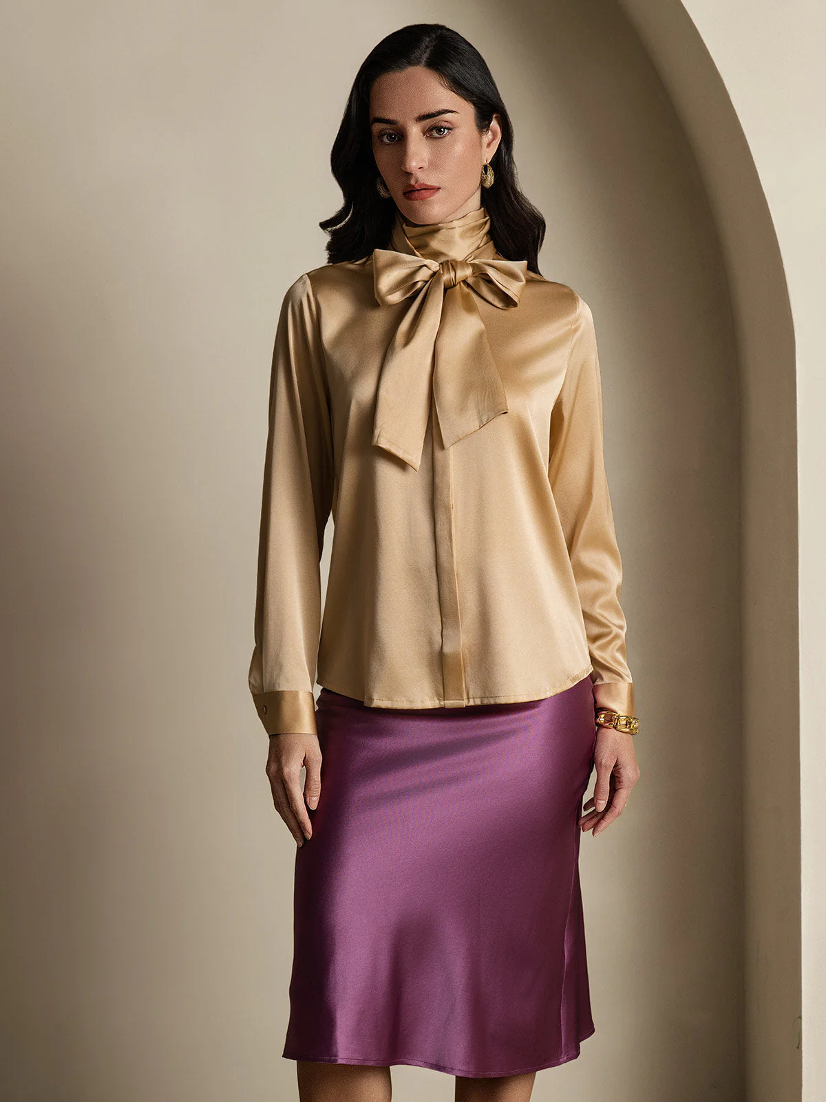 Clearance - 19Momme Silk Long Sleeve High Neck Bow Tie Blouse - Image 11
