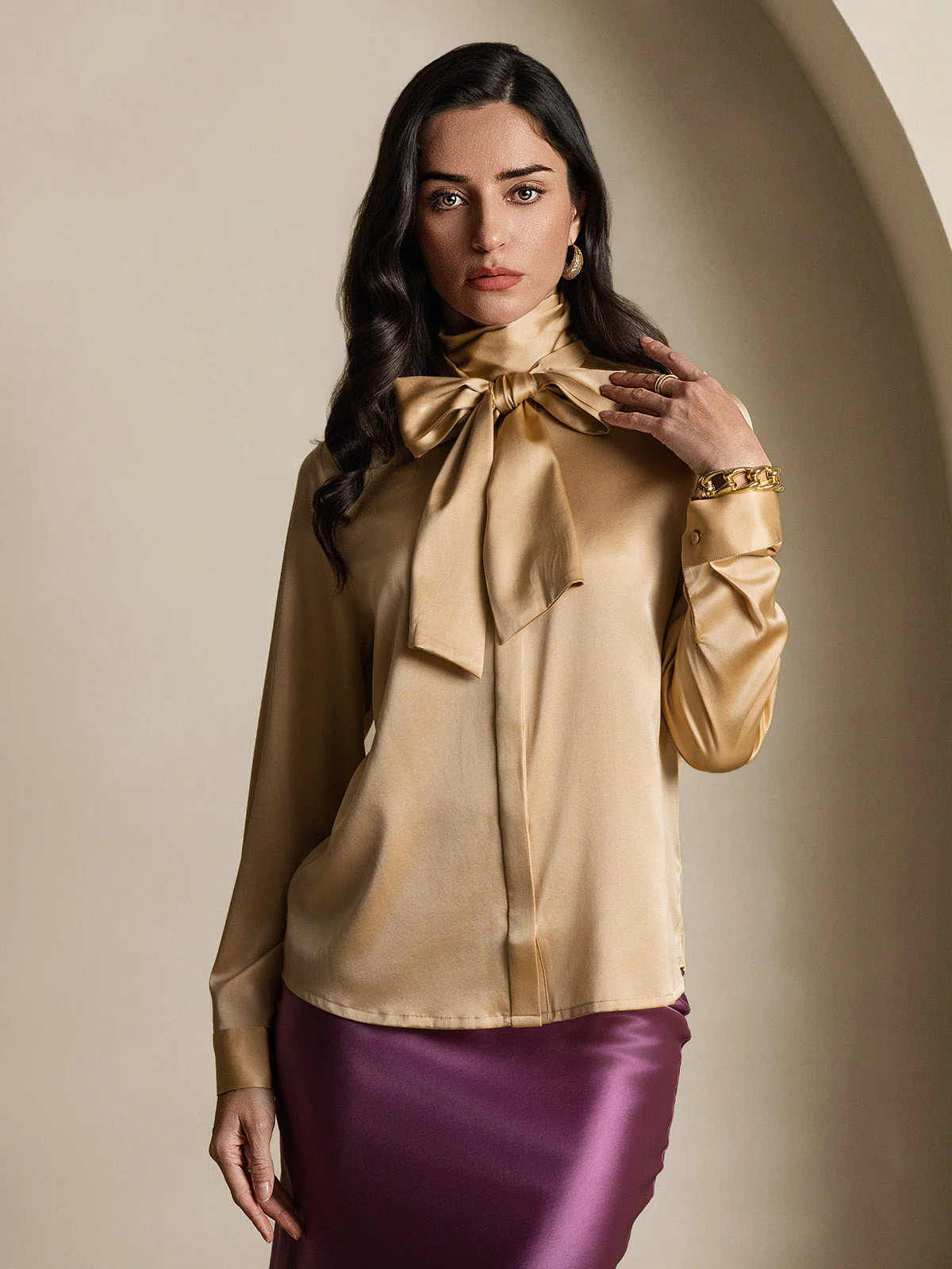 Clearance - 19Momme Silk Long Sleeve High Neck Bow Tie Blouse - Image 14
