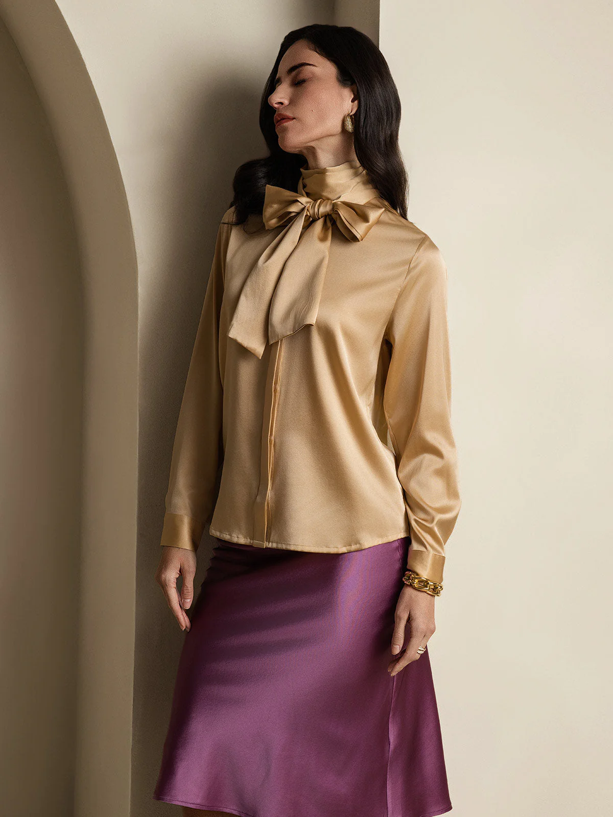 Clearance - 19Momme Silk Long Sleeve High Neck Bow Tie Blouse - Image 15
