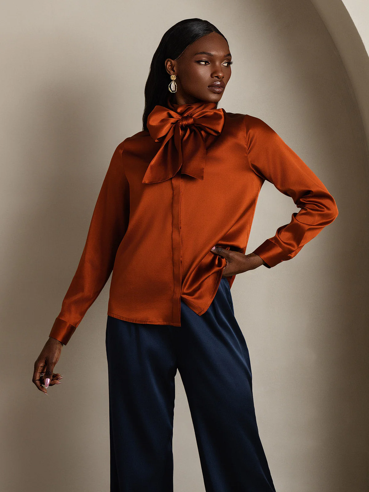Clearance - 19Momme Silk Long Sleeve High Neck Bow Tie Blouse - Image 5