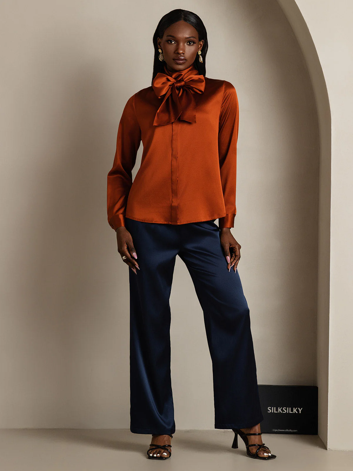 Clearance - 19Momme Silk Long Sleeve High Neck Bow Tie Blouse - Image 7