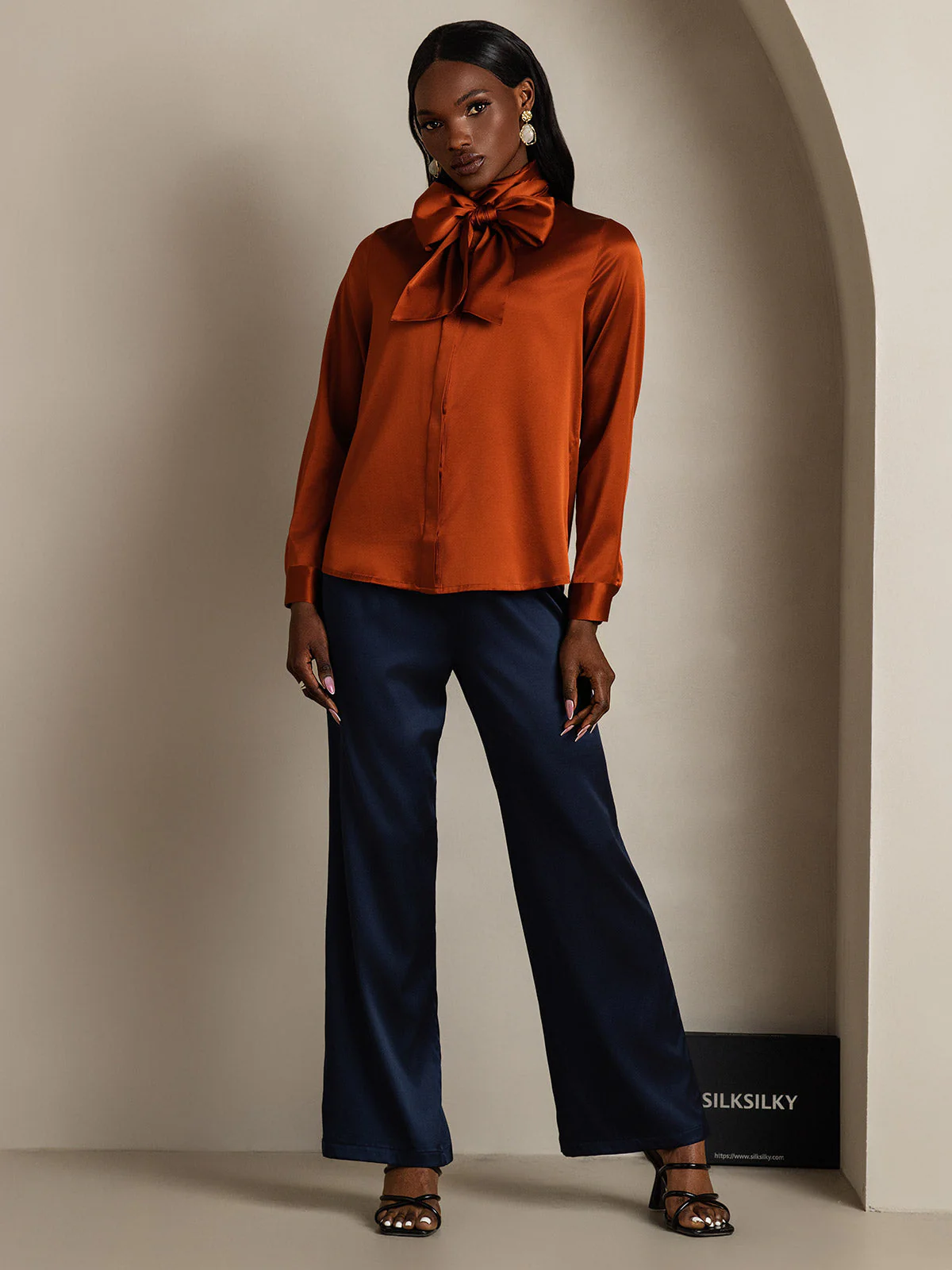 Clearance - 19Momme Silk Long Sleeve High Neck Bow Tie Blouse - Image 8
