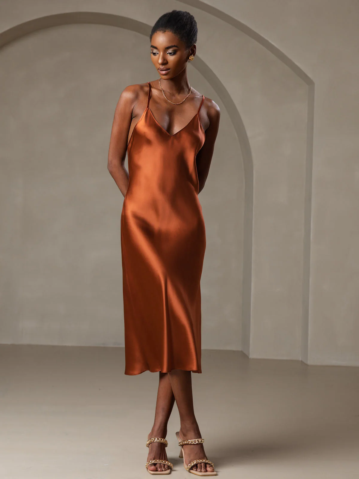 Pure Silk Spaghetti Strap V Neck Midi Dress with Criss Cross Back Design - Image 13