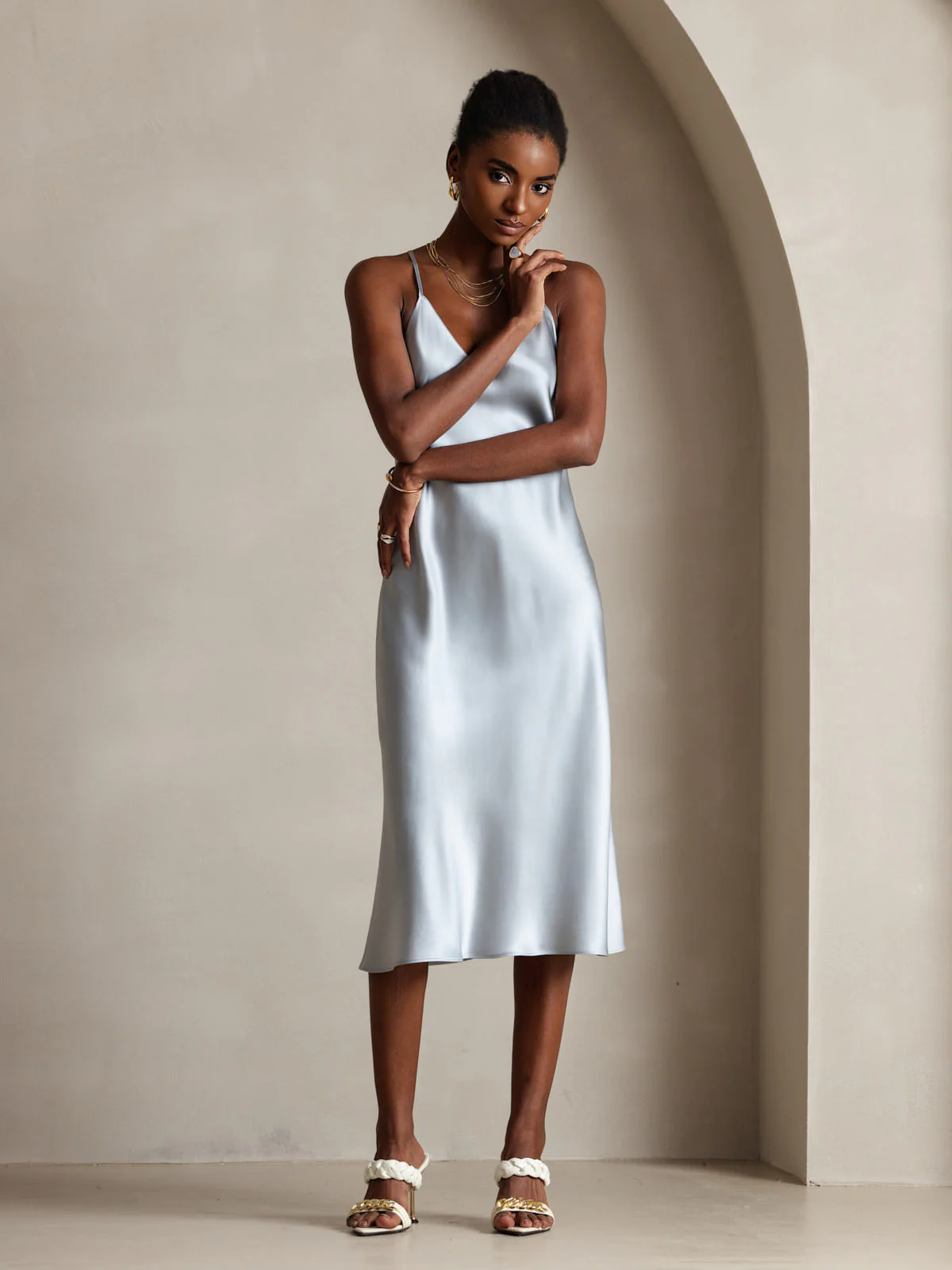 Pure Silk Spaghetti Strap V Neck Midi Dress with Criss Cross Back Design - Image 6
