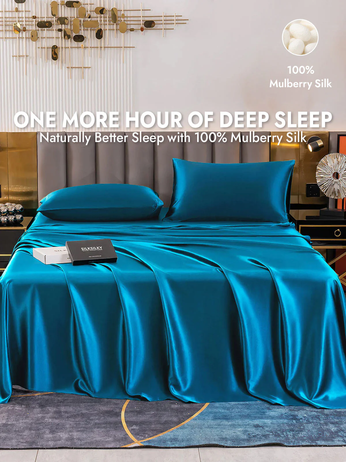 19Momme 4Pcs Silk Set Fitted&Flat Sheets+2x Pillowcases - Image 101