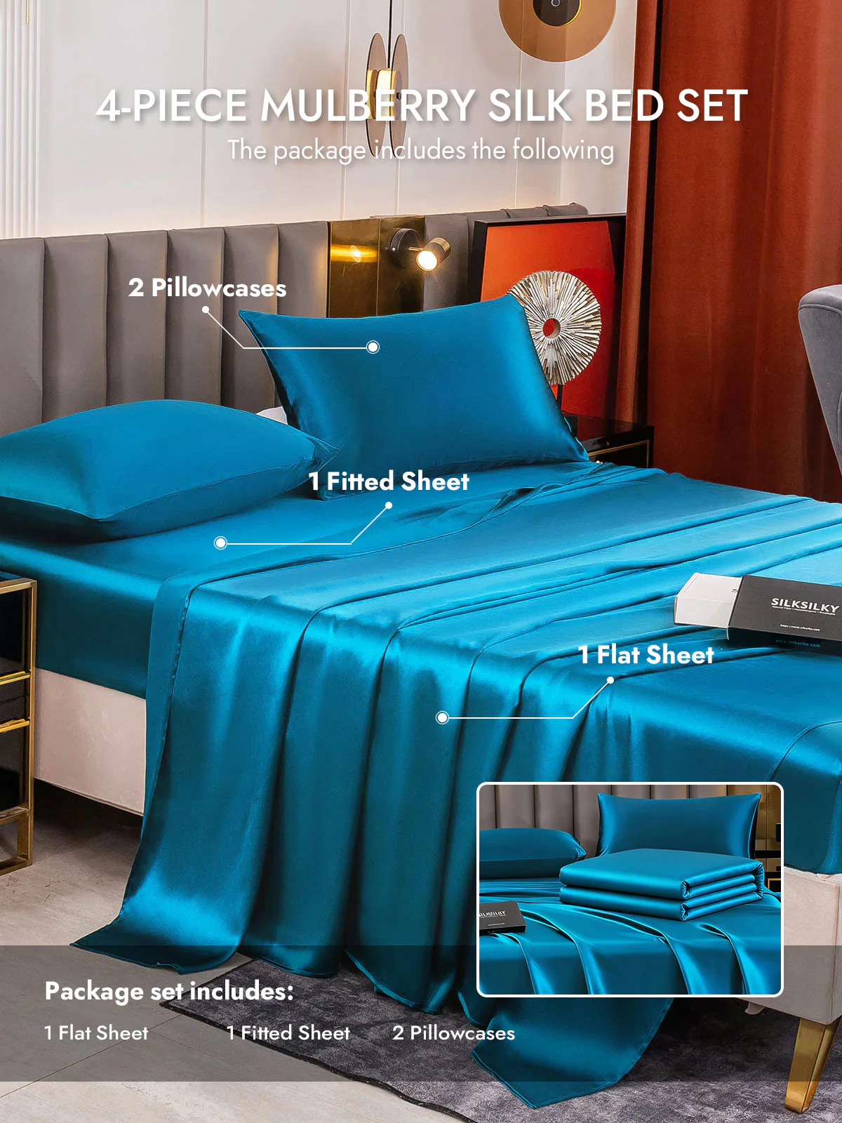 19Momme 4Pcs Silk Set Fitted&Flat Sheets+2x Pillowcases - Image 105