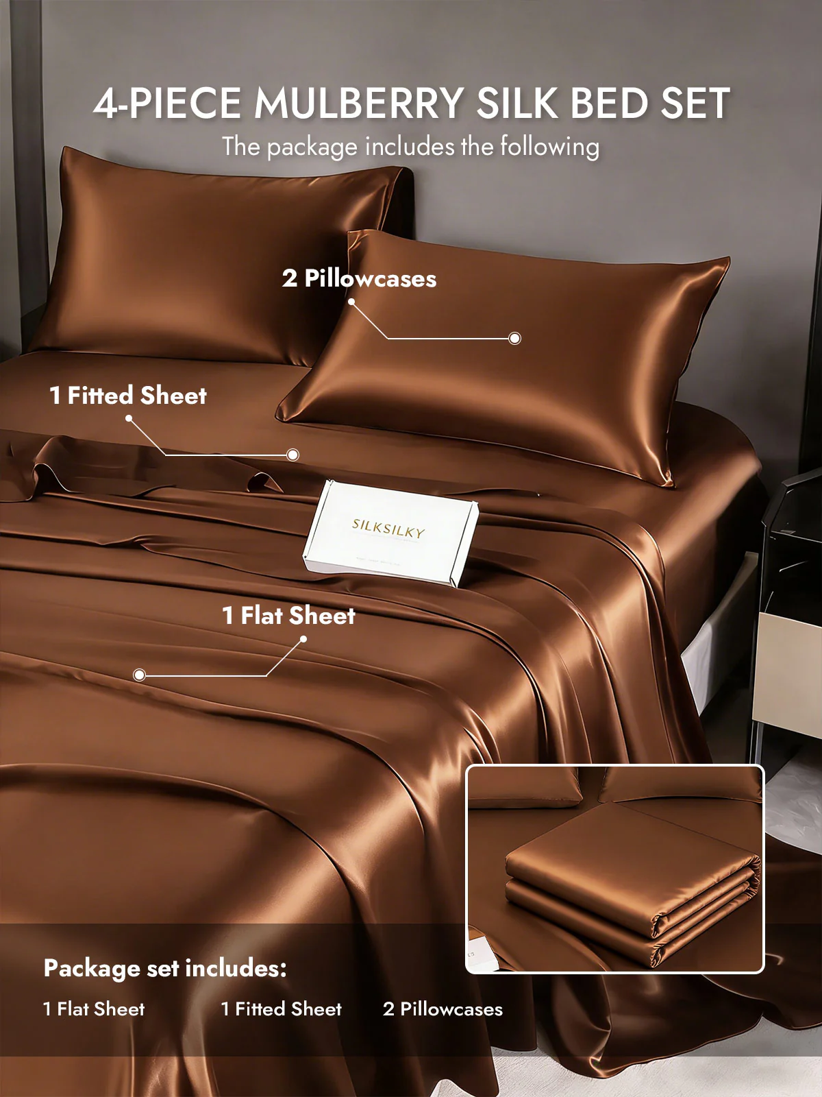 19Momme 4Pcs Silk Set Fitted&Flat Sheets+2x Pillowcases - Image 115