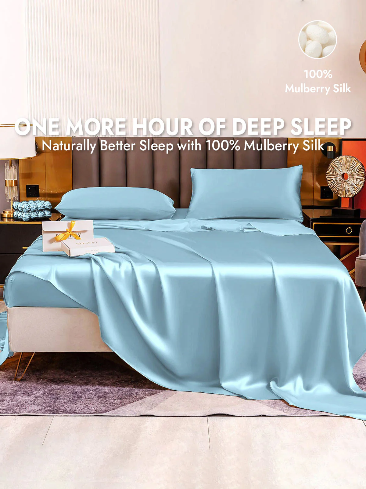 19Momme 4Pcs Silk Set Fitted&Flat Sheets+2x Pillowcases - Image 121