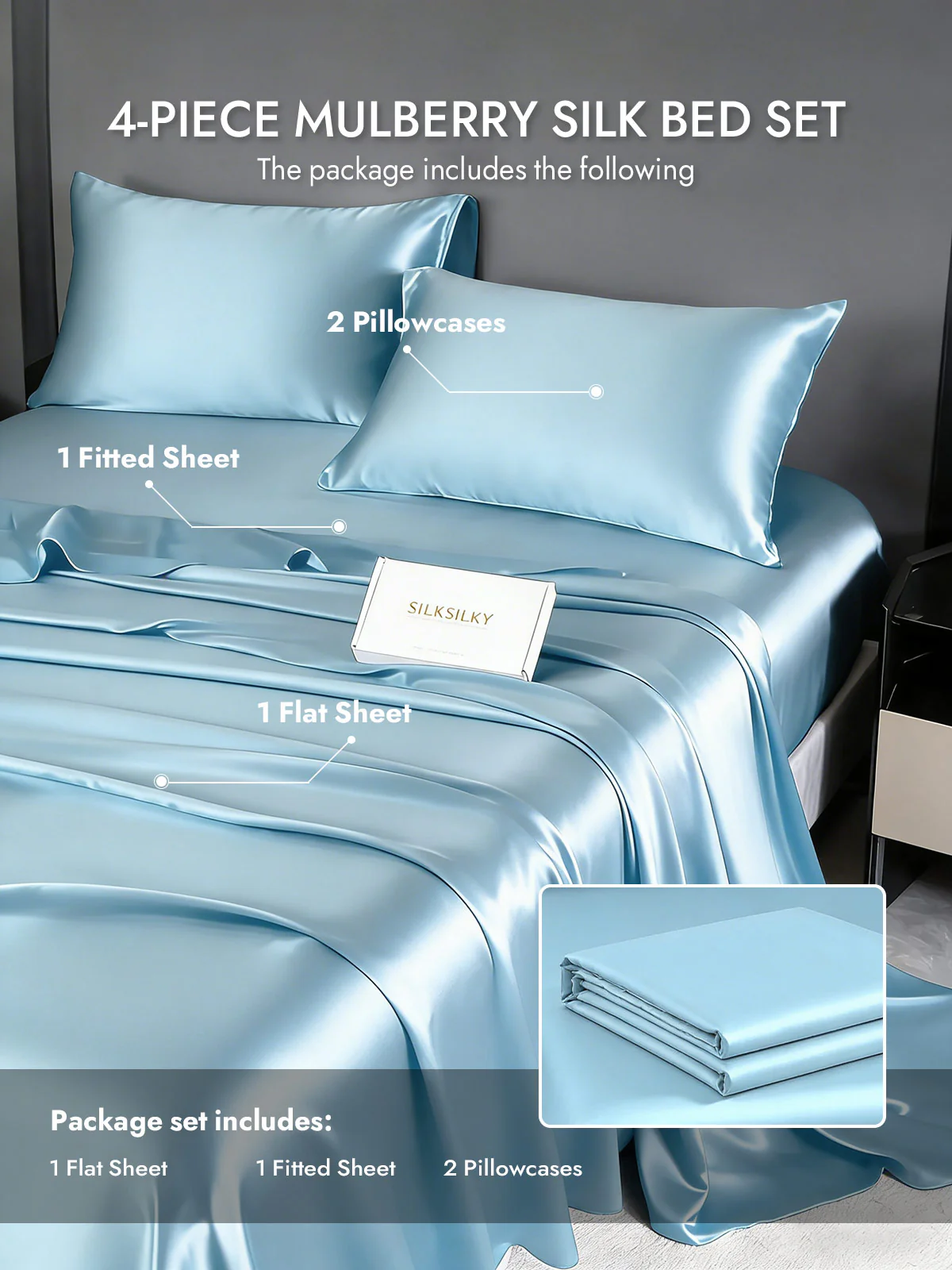 19Momme 4Pcs Silk Set Fitted&Flat Sheets+2x Pillowcases - Image 125
