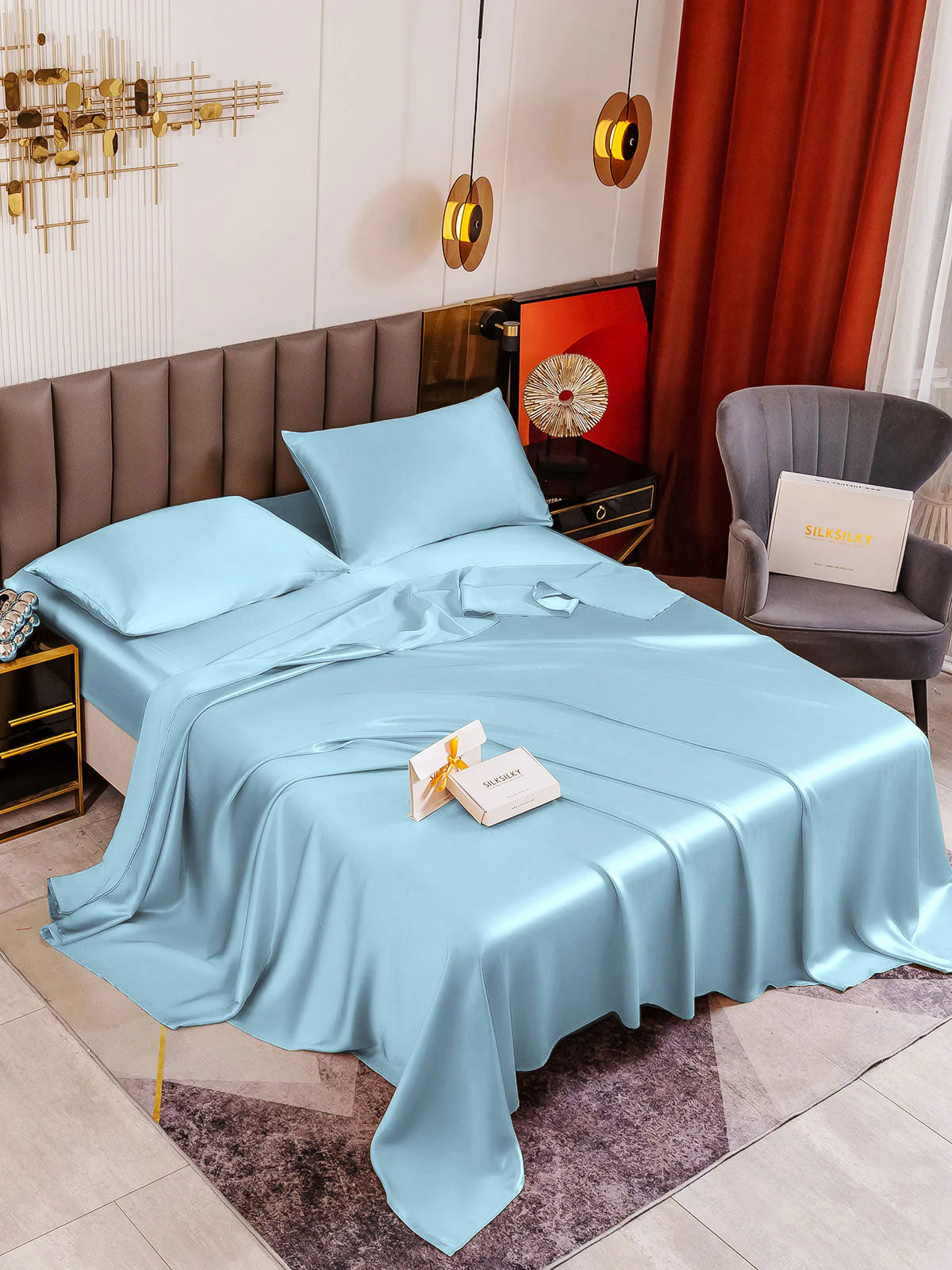 19Momme 4Pcs Silk Set Fitted&Flat Sheets+2x Pillowcases - Image 127