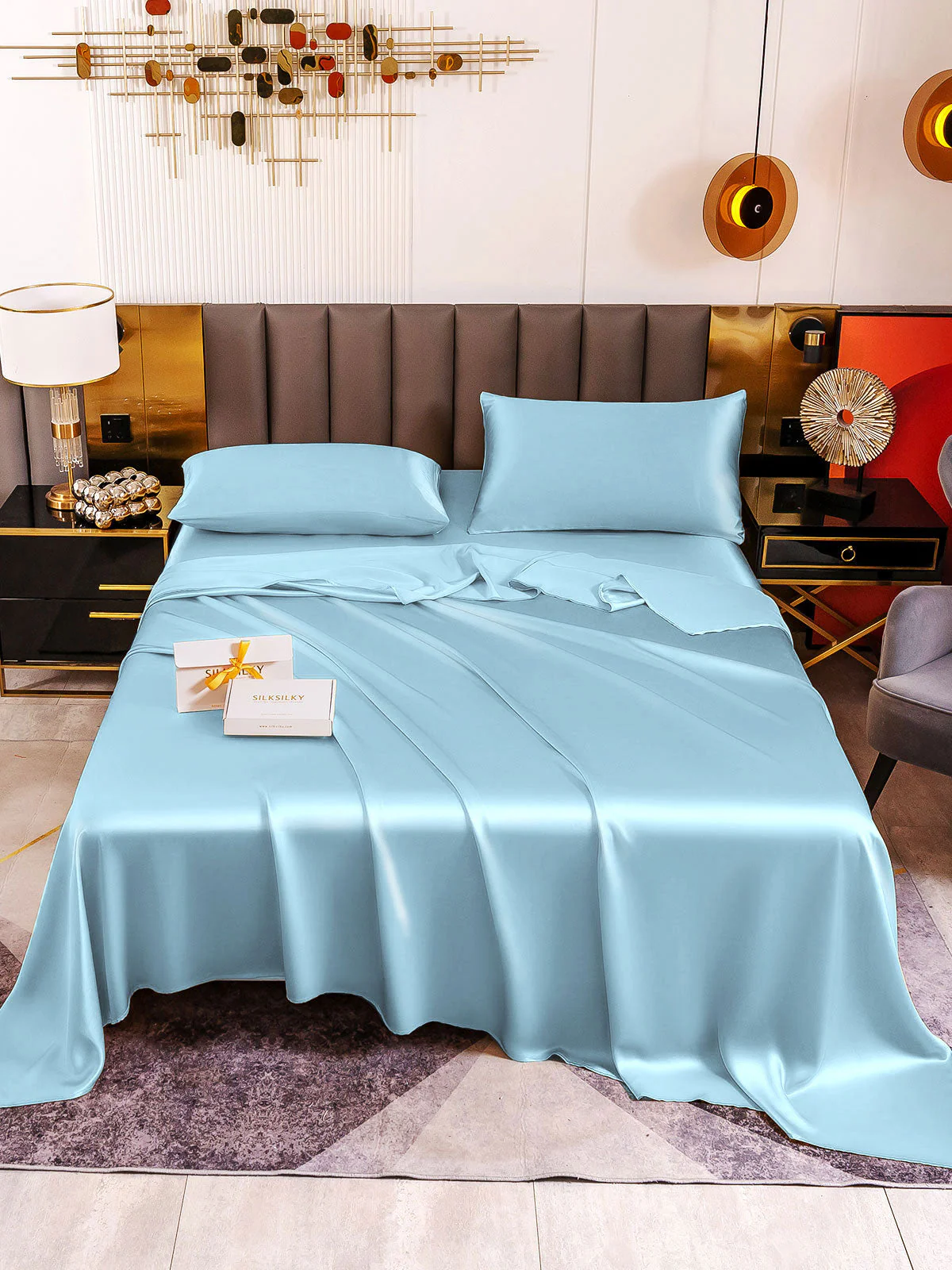 19Momme 4Pcs Silk Set Fitted&Flat Sheets+2x Pillowcases - Image 128