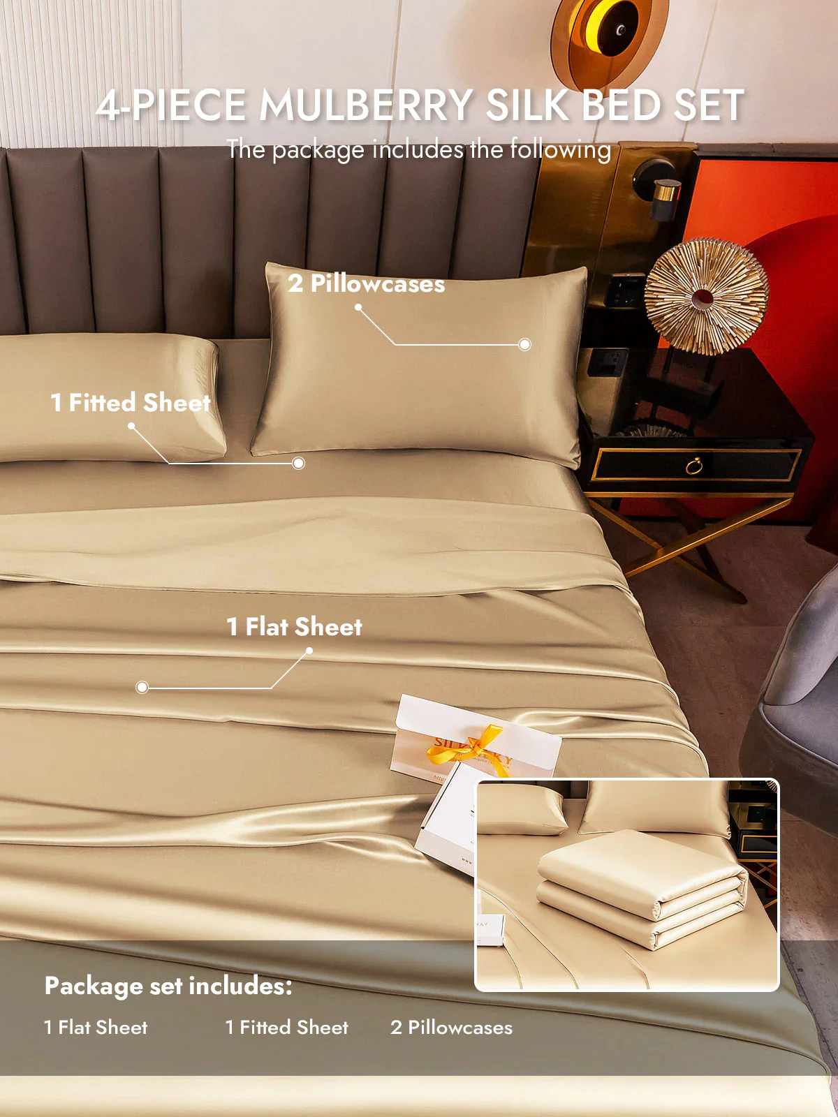 19Momme 4Pcs Silk Set Fitted&Flat Sheets+2x Pillowcases - Image 135