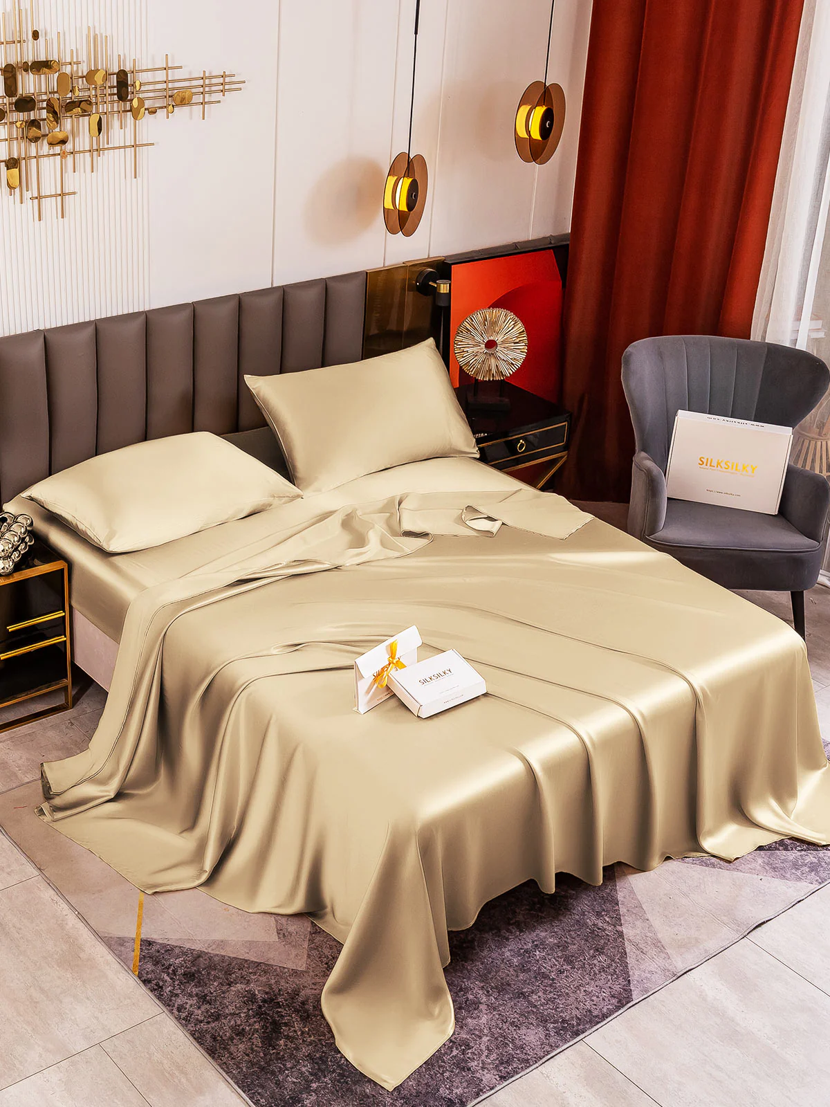 19Momme 4Pcs Silk Set Fitted&Flat Sheets+2x Pillowcases - Image 137