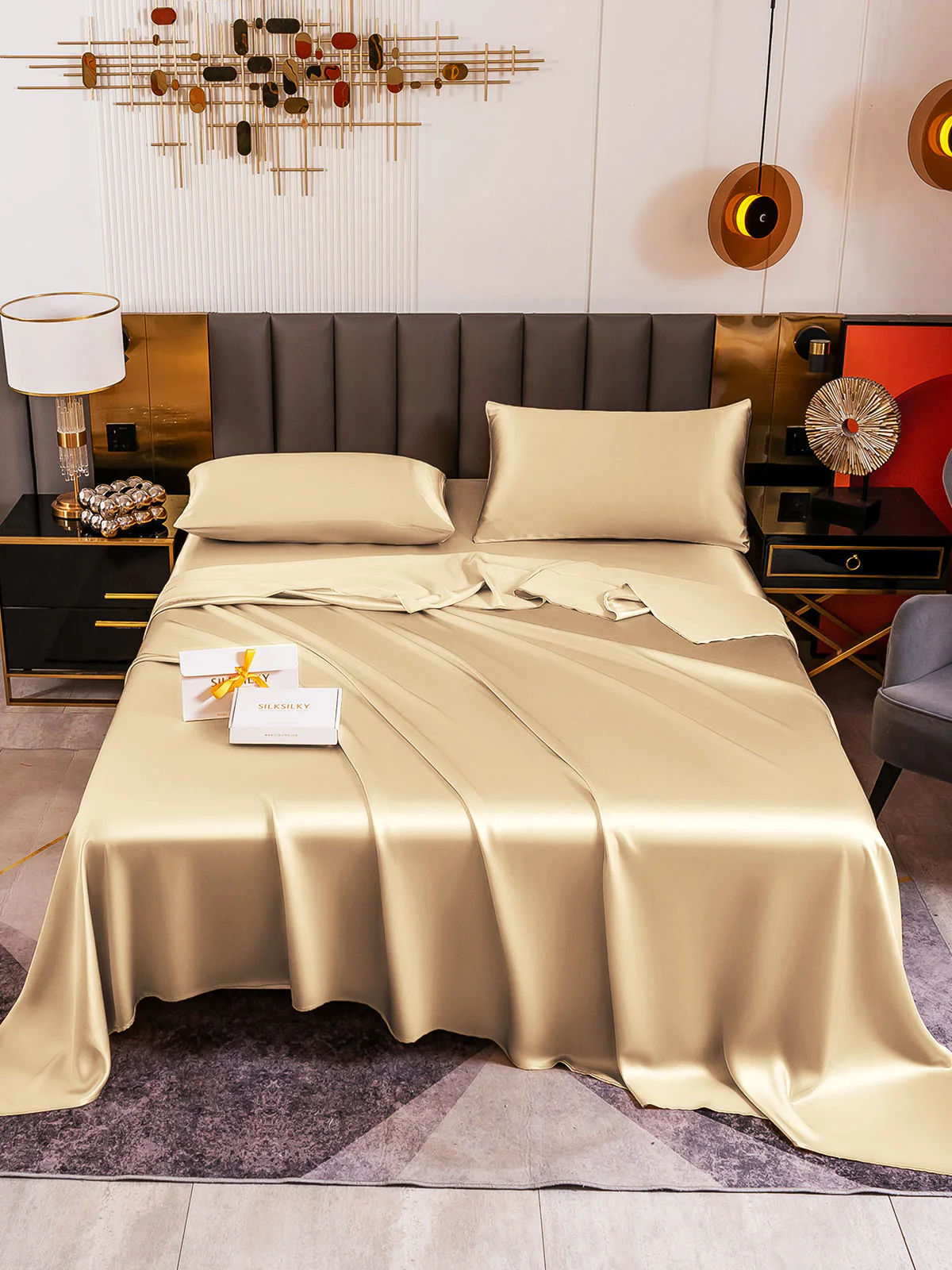 19Momme 4Pcs Silk Set Fitted&Flat Sheets+2x Pillowcases - Image 140