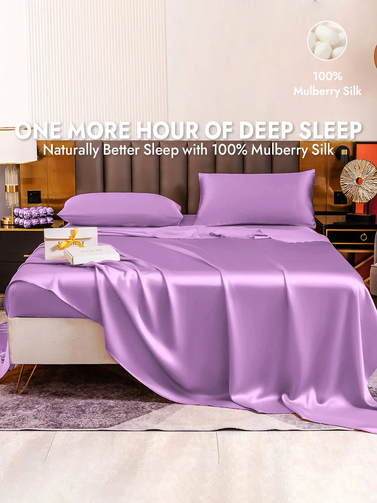 19Momme 4Pcs Silk Set Fitted&Flat Sheets+2x Pillowcases - Image 141