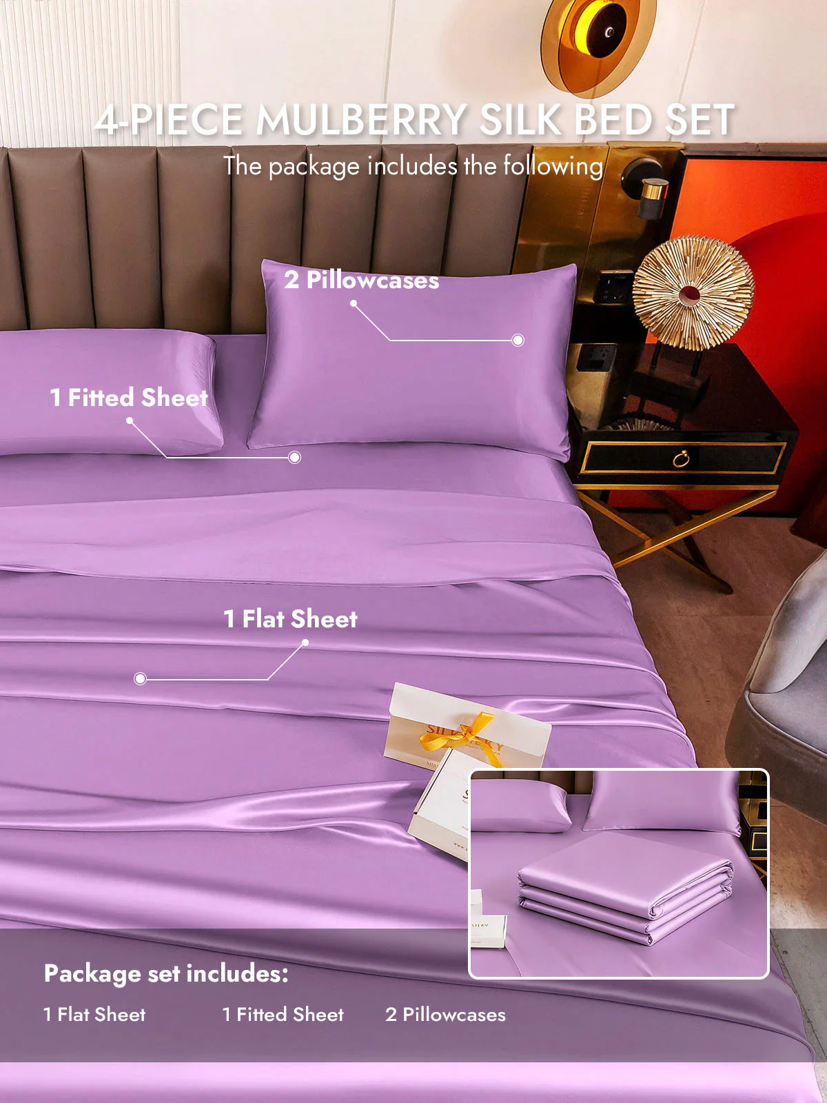 19Momme 4Pcs Silk Set Fitted&Flat Sheets+2x Pillowcases - Image 144