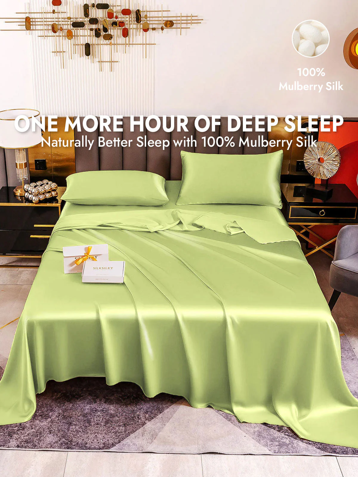 19Momme 4Pcs Silk Set Fitted&Flat Sheets+2x Pillowcases - Image 151