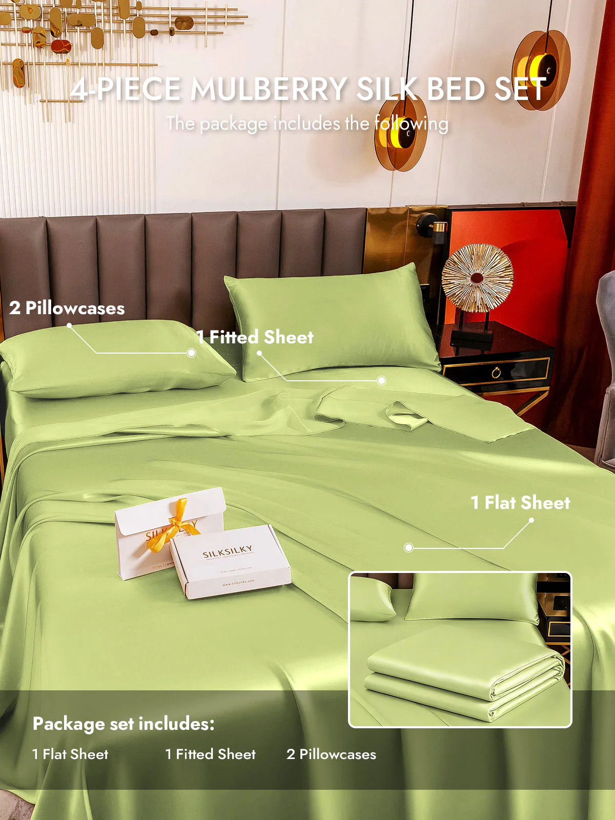 19Momme 4Pcs Silk Set Fitted&Flat Sheets+2x Pillowcases - Image 155