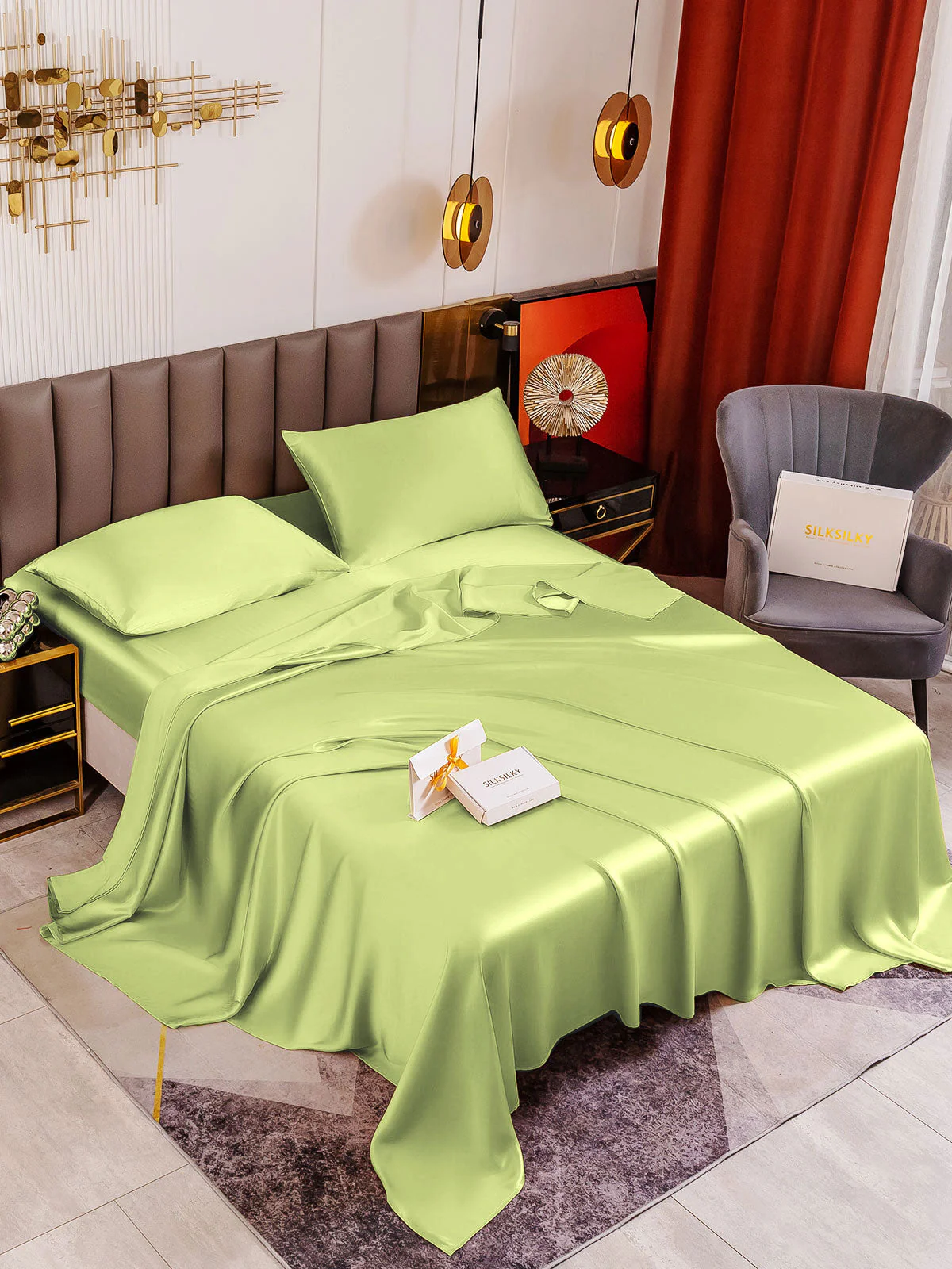 19Momme 4Pcs Silk Set Fitted&Flat Sheets+2x Pillowcases - Image 157