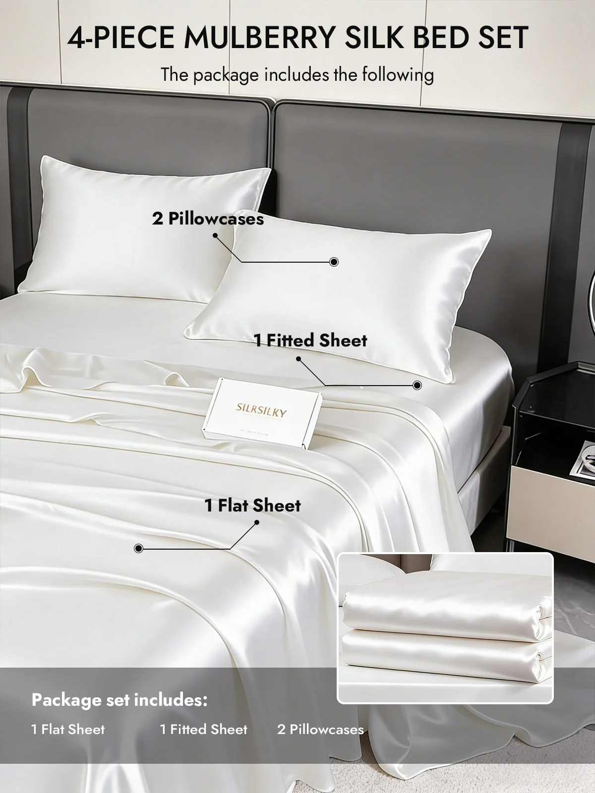 19Momme 4Pcs Silk Set Fitted&Flat Sheets+2x Pillowcases - Image 16