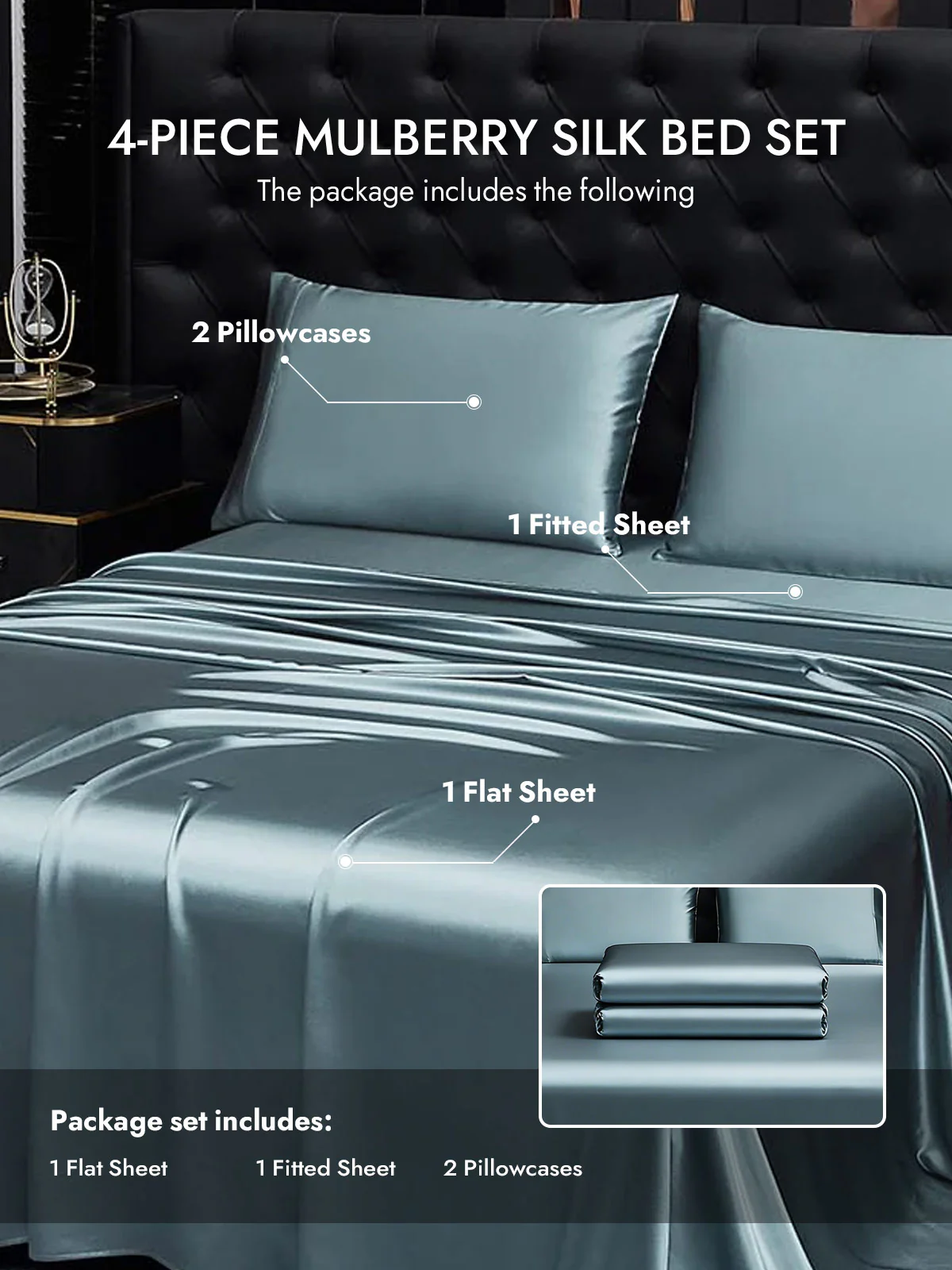 19Momme 4Pcs Silk Set Fitted&Flat Sheets+2x Pillowcases - Image 165