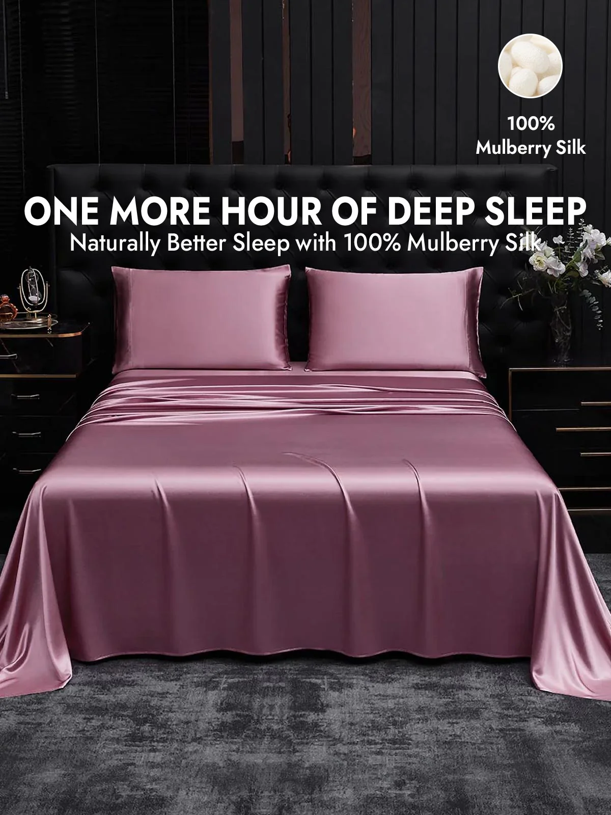 19Momme 4Pcs Silk Set Fitted&Flat Sheets+2x Pillowcases - Image 167