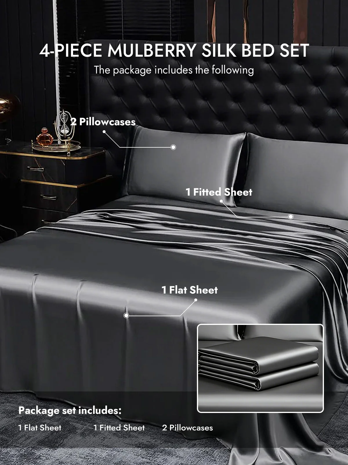 19Momme 4Pcs Silk Set Fitted&Flat Sheets+2x Pillowcases - Image 177