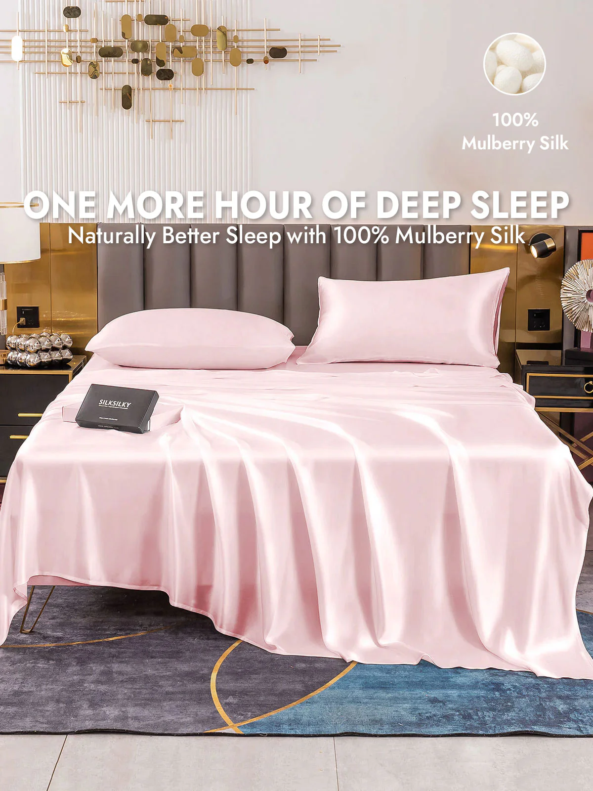 19Momme 4Pcs Silk Set Fitted&Flat Sheets+2x Pillowcases - Image 22